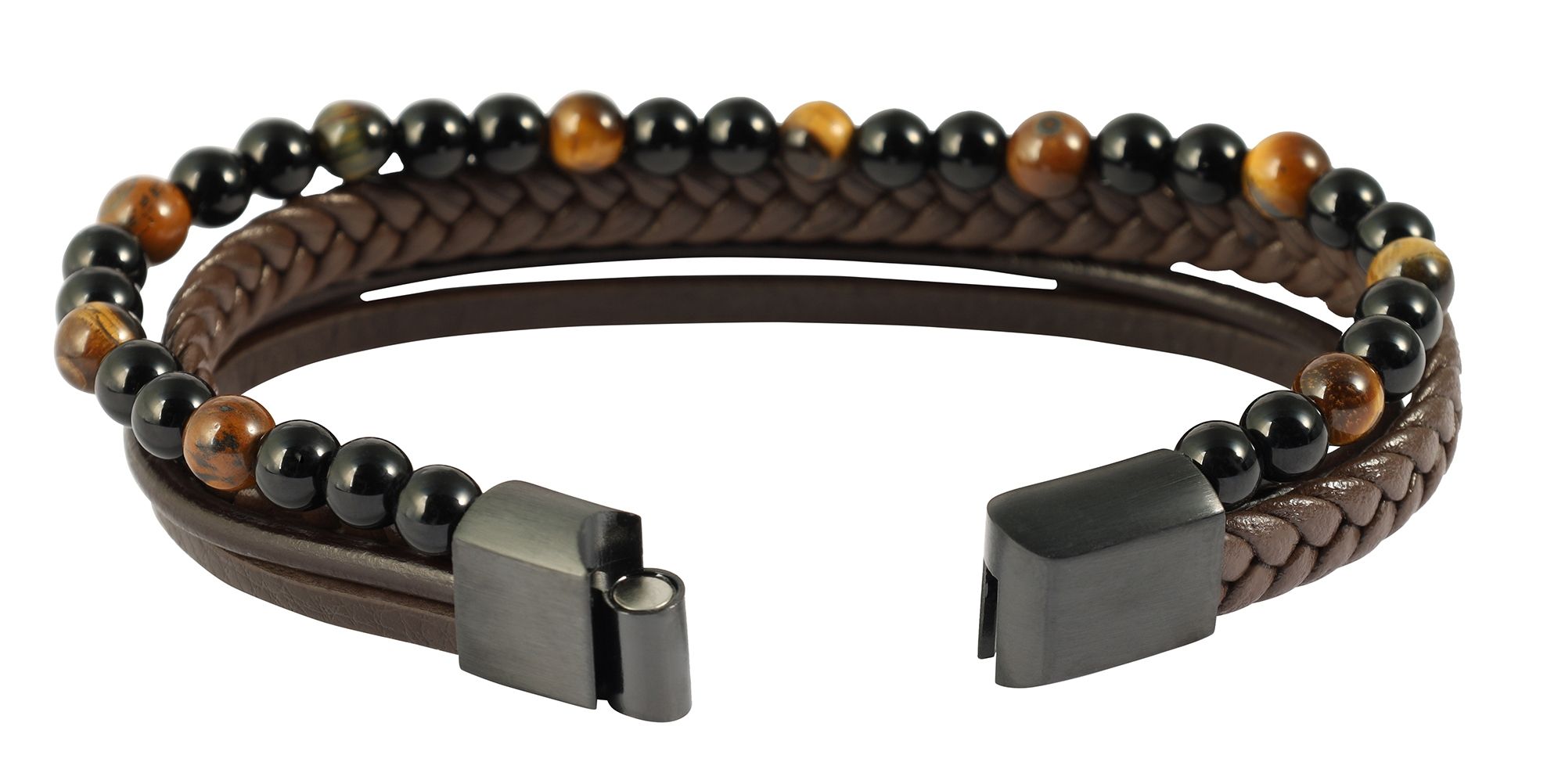 "Nando" - 21 cm, Armband aus Lederimitat, brauner Tigerauge und Onyx, 4-VE