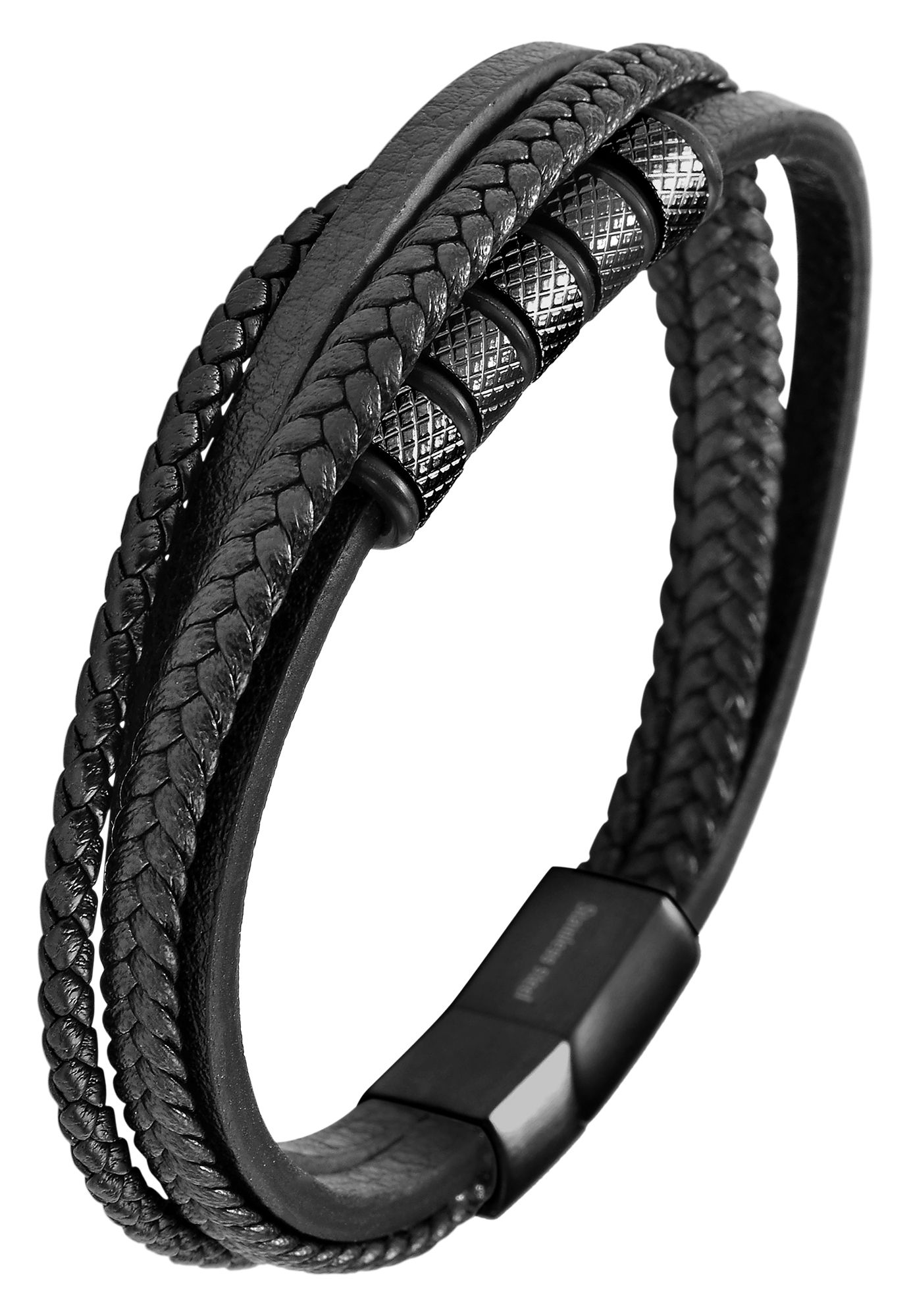 "Owen" Armband aus Lederimitat mit Edelstahlelementen, Ionenplattiert, schwarz, 19 cm