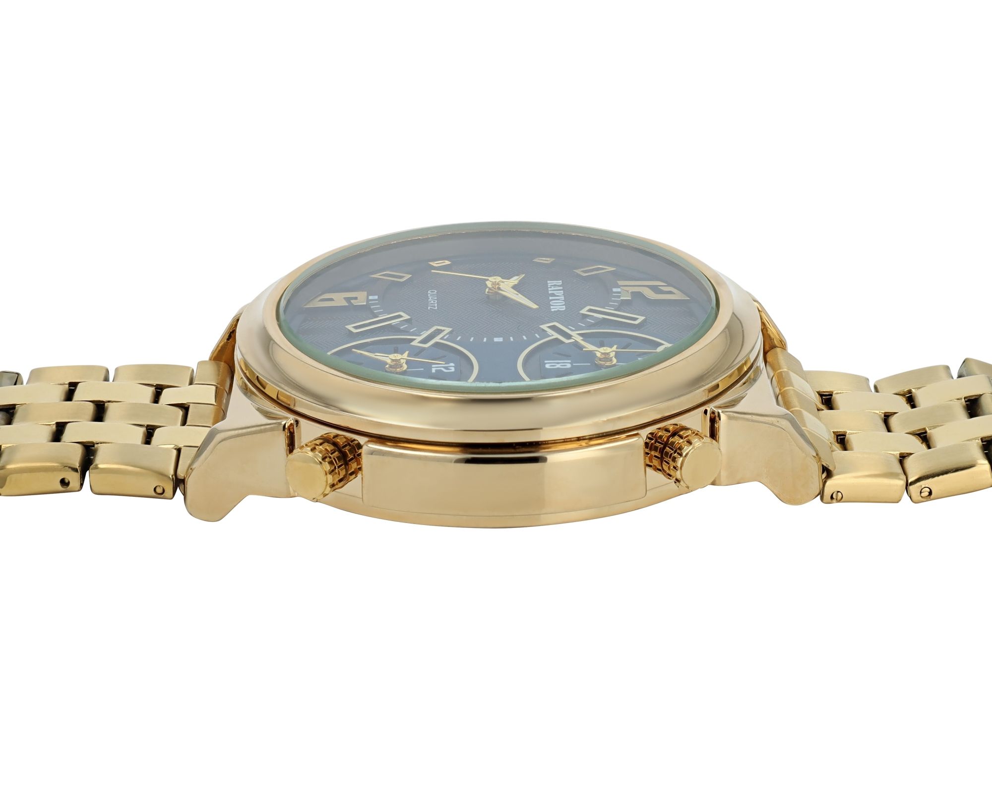 Raptor Herrenuhr "Lucius" mit Edelstahlband, 3-Zeitzonen, goldfarben/ZB blau