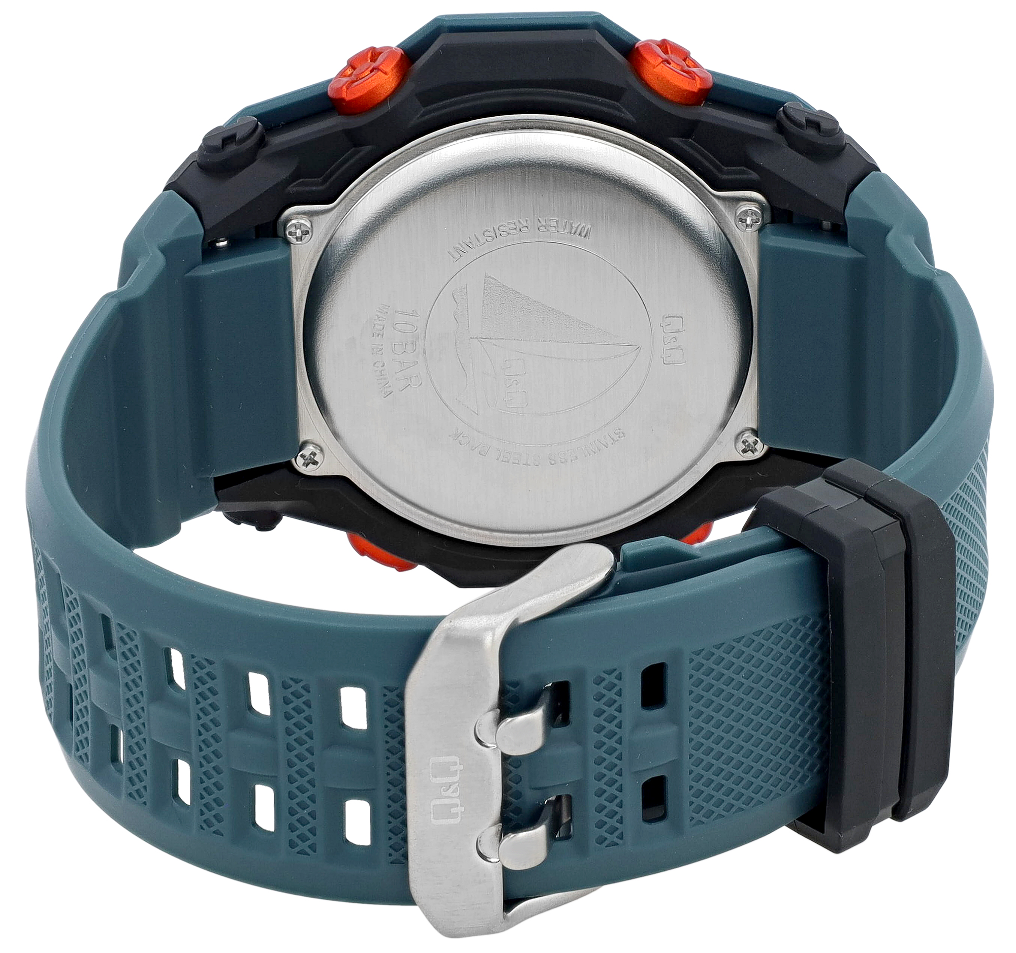 Q&Q Digitaluhr für Herren Ø 50 mm, Resinband, blau (orangene Details)