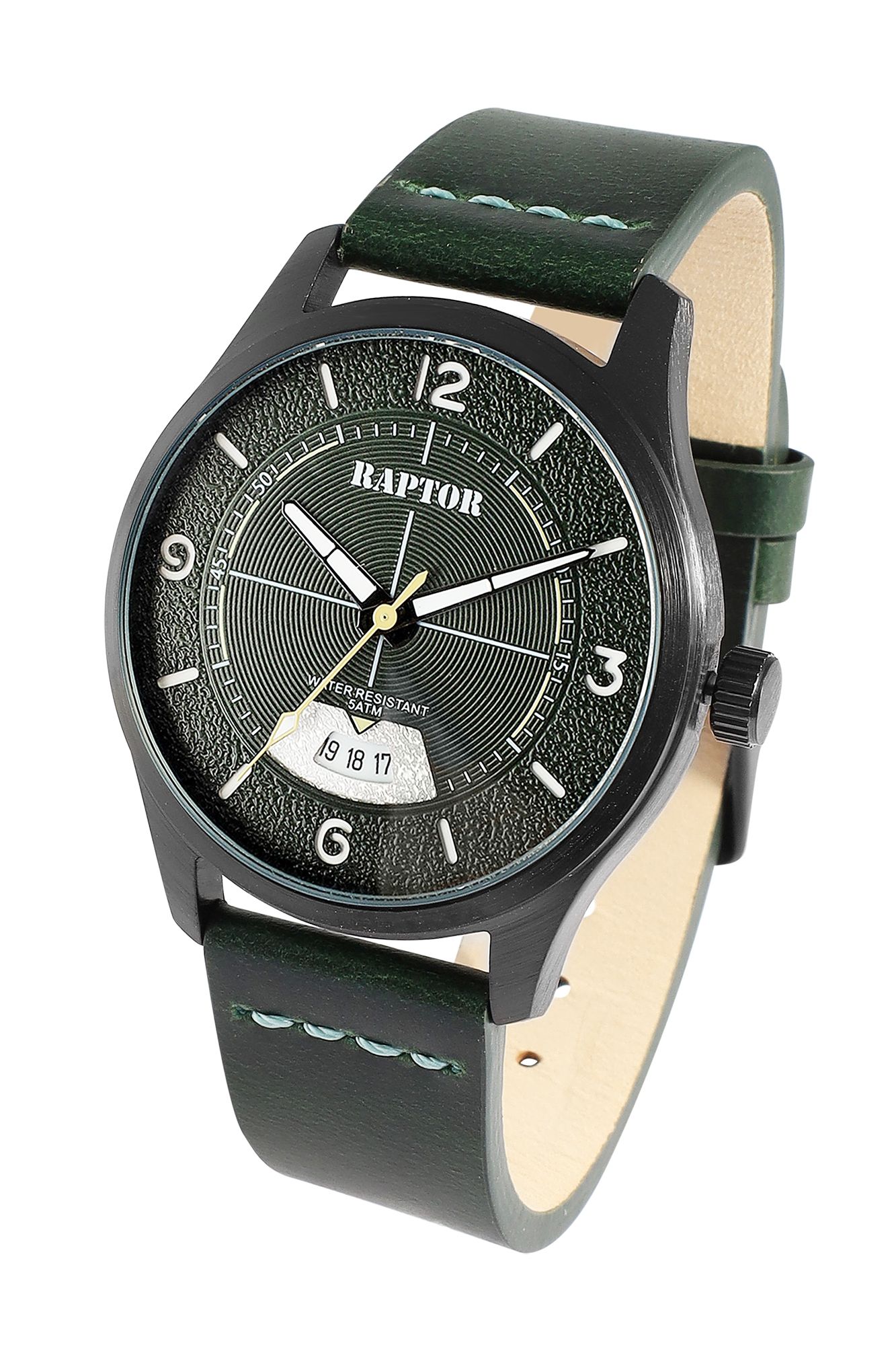 Raptor Herrenuhr "Falkor" mit Lederarmband, Datumsanzeige, 5 ATM, dunkelgrün