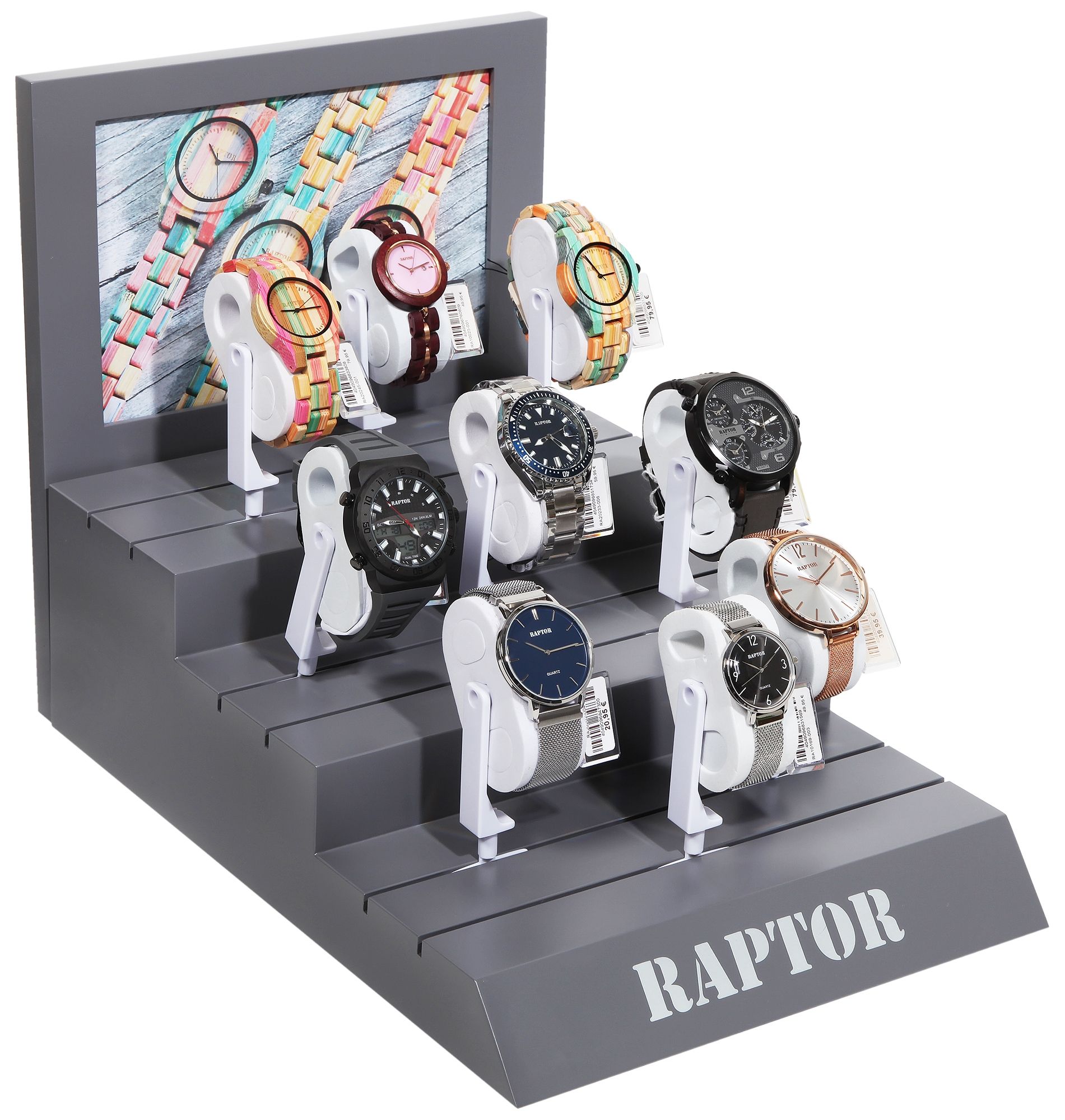 Raptor Uhrendisplay, grau mit Uhrenaufsteller, 27 cm x 39 cm x 30 cm