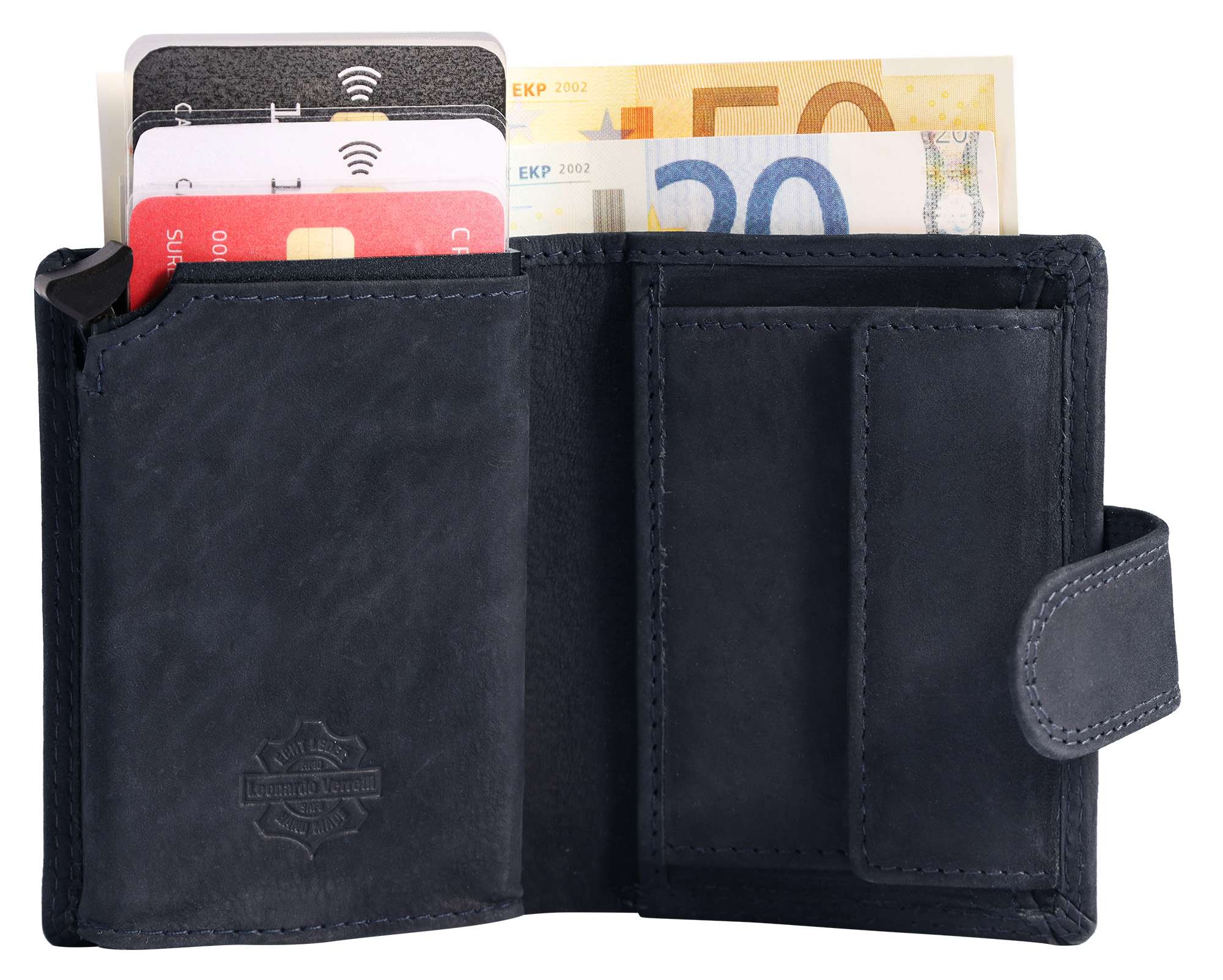 Leonardo Verrelli Echtleder (vintage) Geldbörse mit Pop-up-Kartenhalter, RFID, dunkelblau