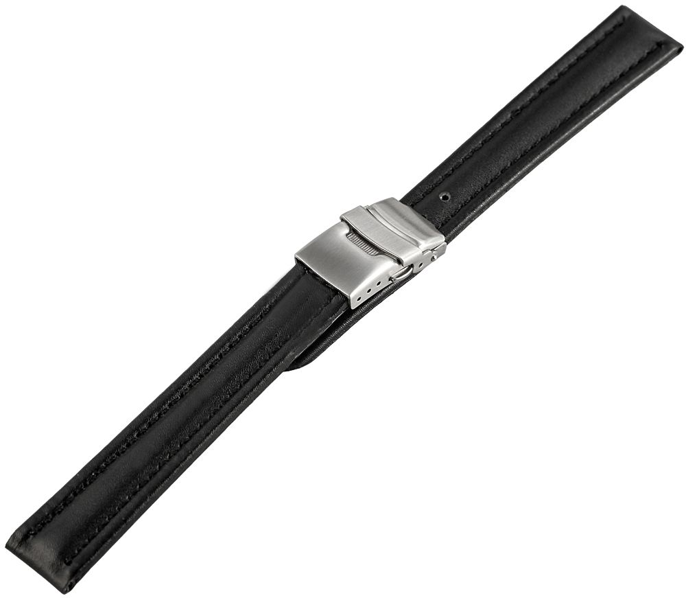 Echtleder-Uhrenarmband, schwarz, Faltschließe, 16 mm