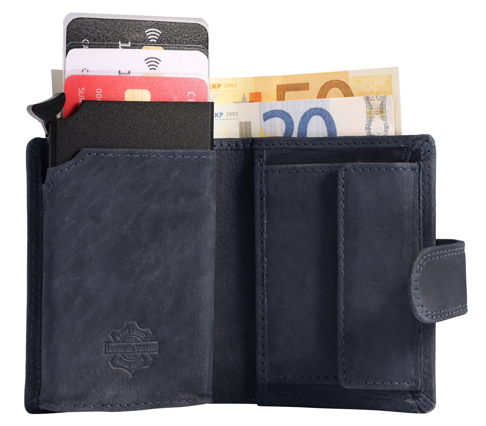 Leonardo Verrelli Echtleder (vintage) Geldbörse mit Pop-up-Kartenhalter, RFID, dunkelblau