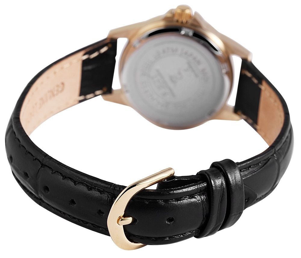 Just Damenuhr mit schwarzem Echtlederarmband, goldfarben, weißes Zifferblatt