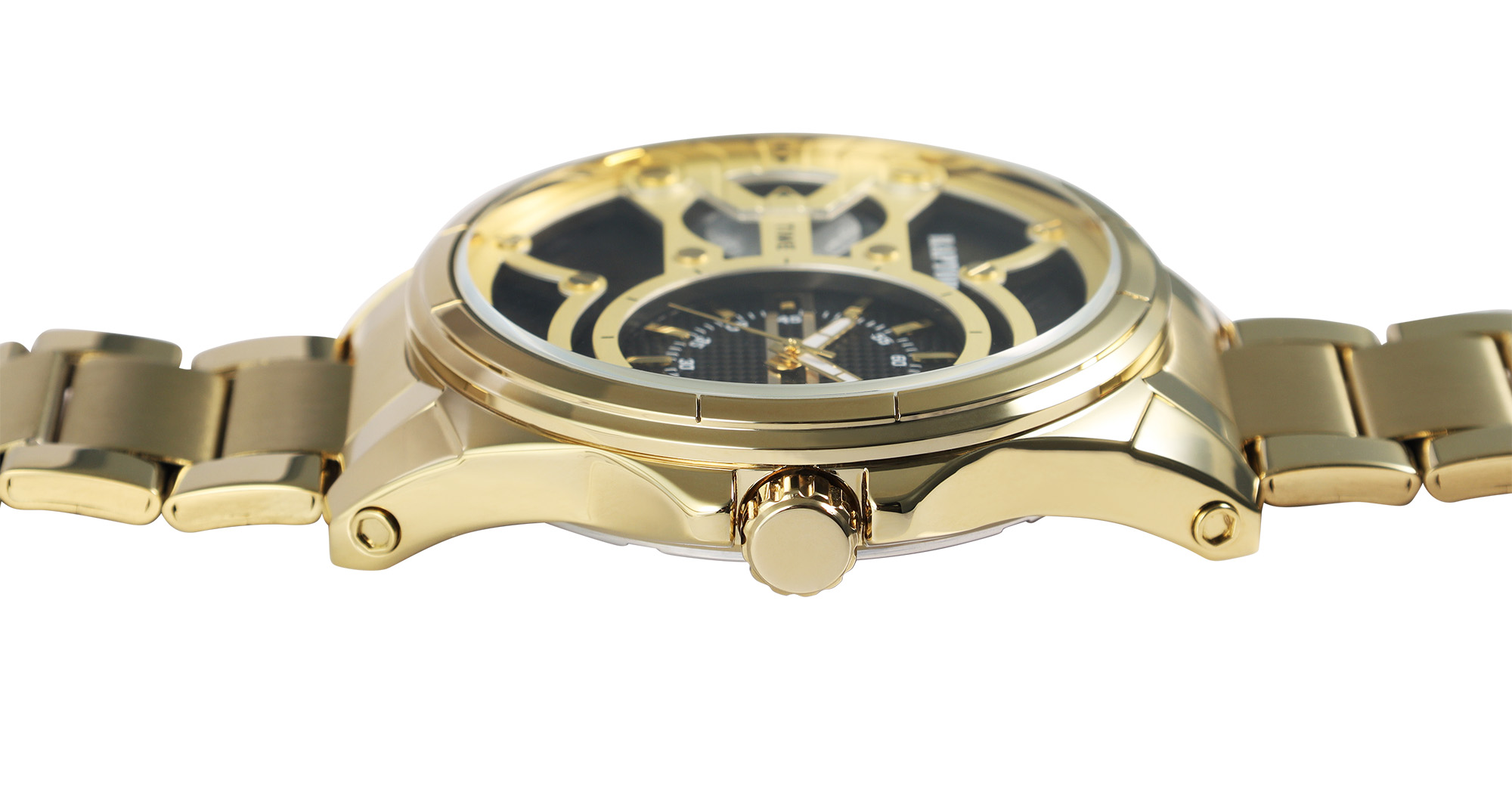 RAPTOR Herrenuhr "Gabriel" mit 2 Uhrwerken, Edelstahlband, 3ATM, goldfarben/ Schwarz