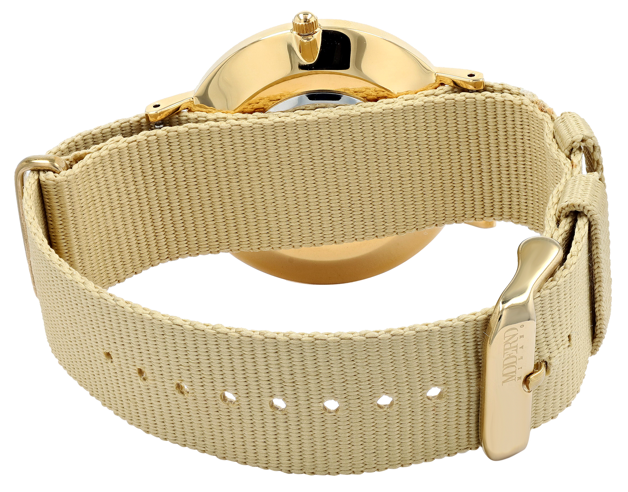Moderno Milano Edelstahl Herrenuhr 41 mm, Saphirglas & Nylon-NATO-Band (beige), goldfarben