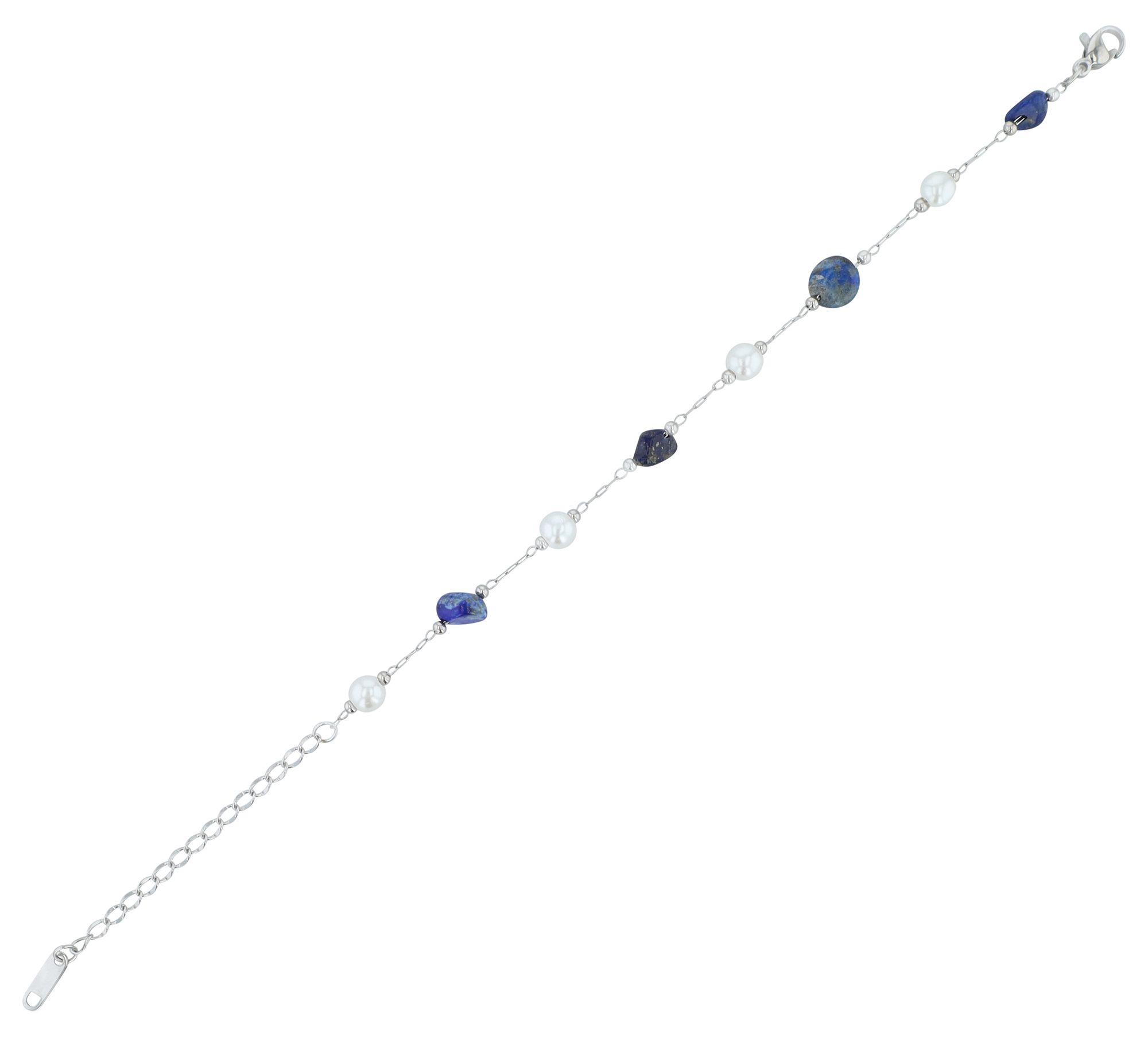 Edelstahl Armband "Marga"mit Süßwasserperlen und Lapis Lazuli Steinen, 23 cm  + 5,5 cm