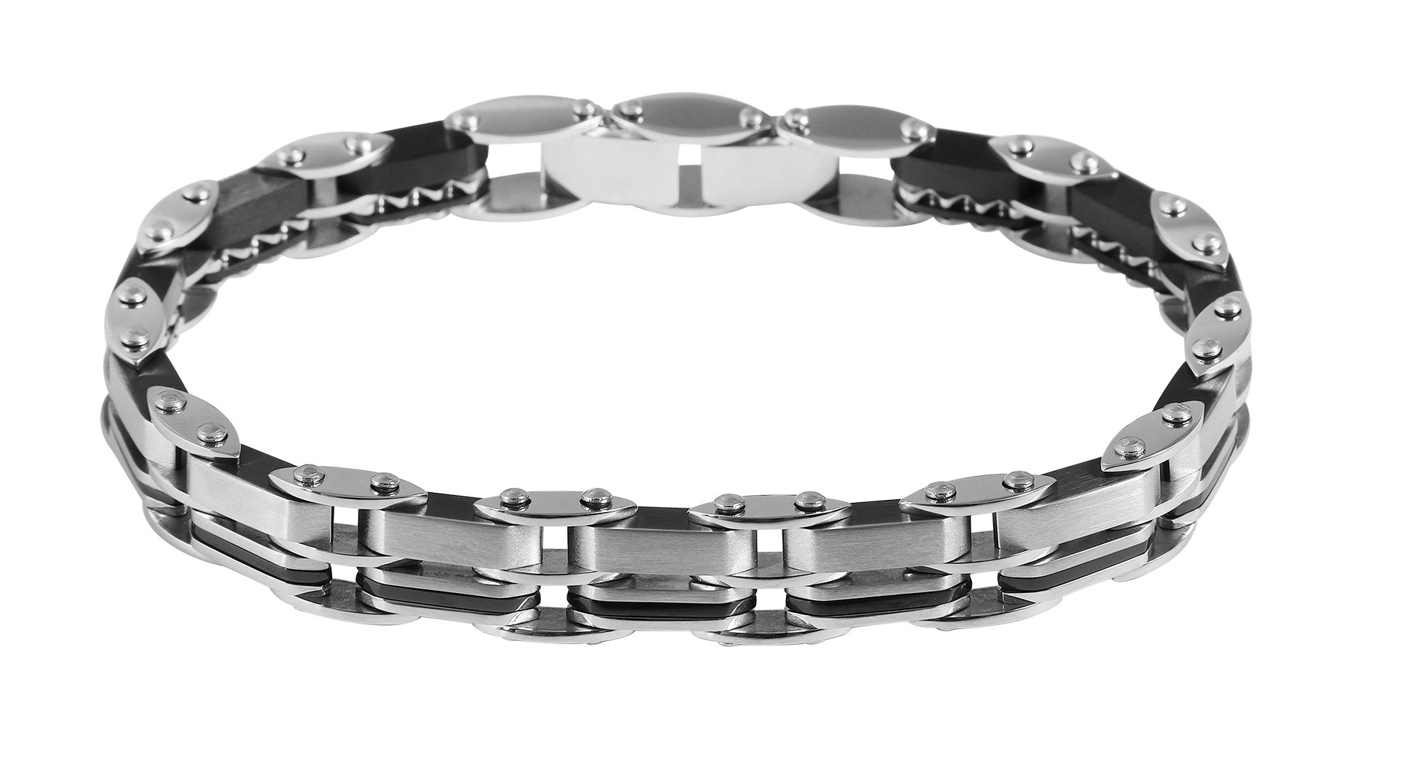 "Bjarne" Edelstahl Armband, 21 cm + 1 cm, mit schwarzen Elementen, Verlängerung