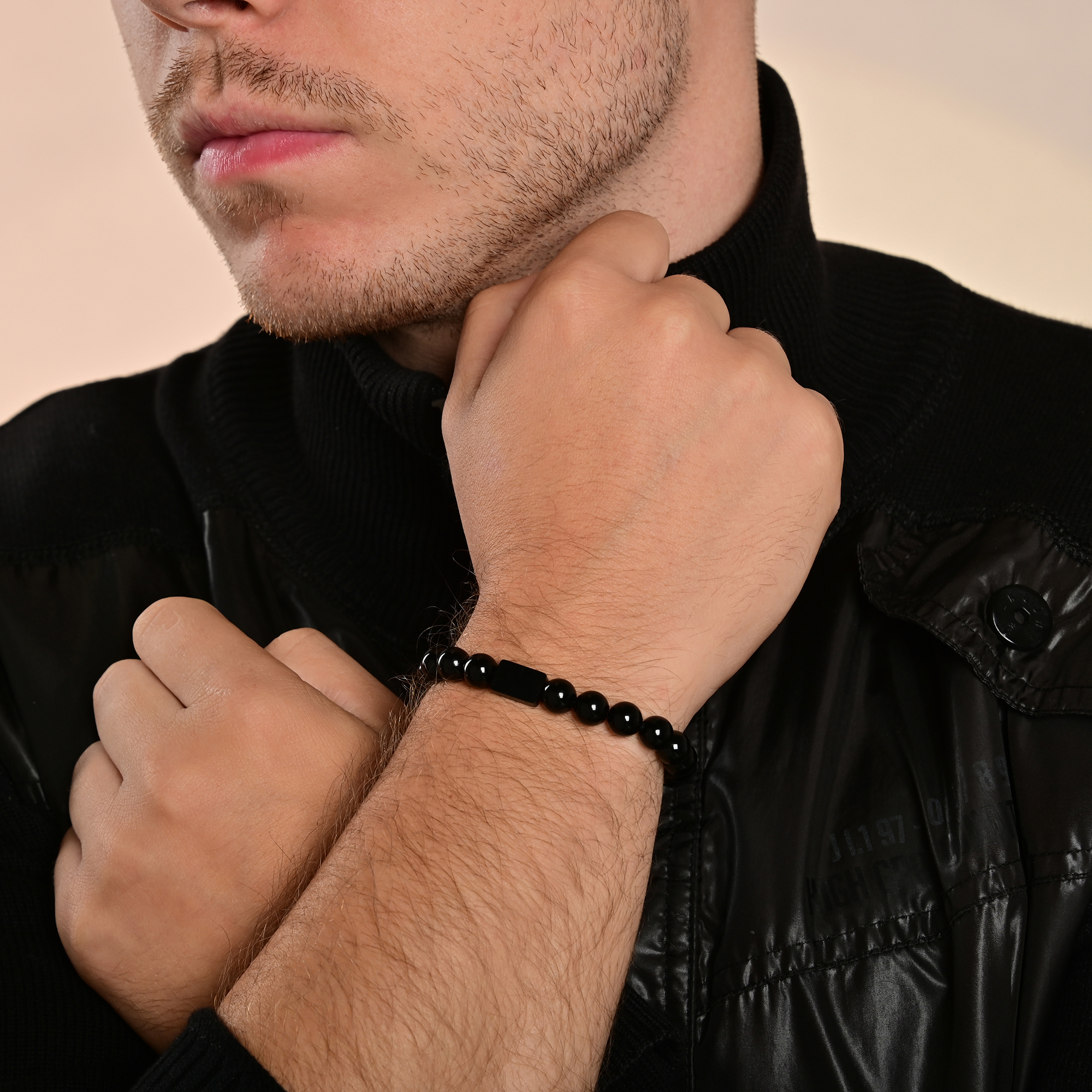 "Evren" Akzent Kugelarmband, Naturstein (onyx), personalierbar, schwarz