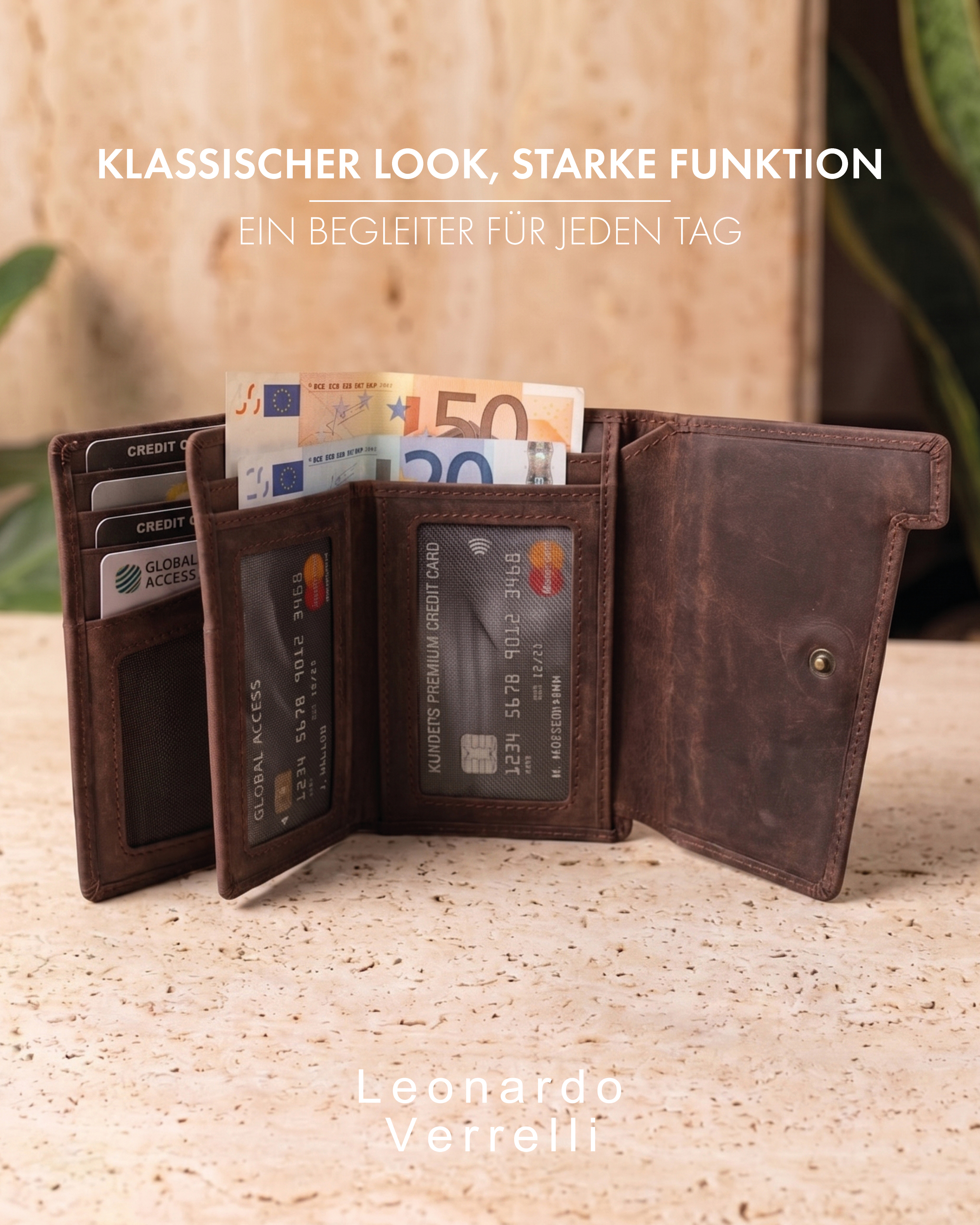 Leonardo Verrelli Echtleder (Hunter) Damen Geldbörse, Querformat, RFID, dunkelbraun