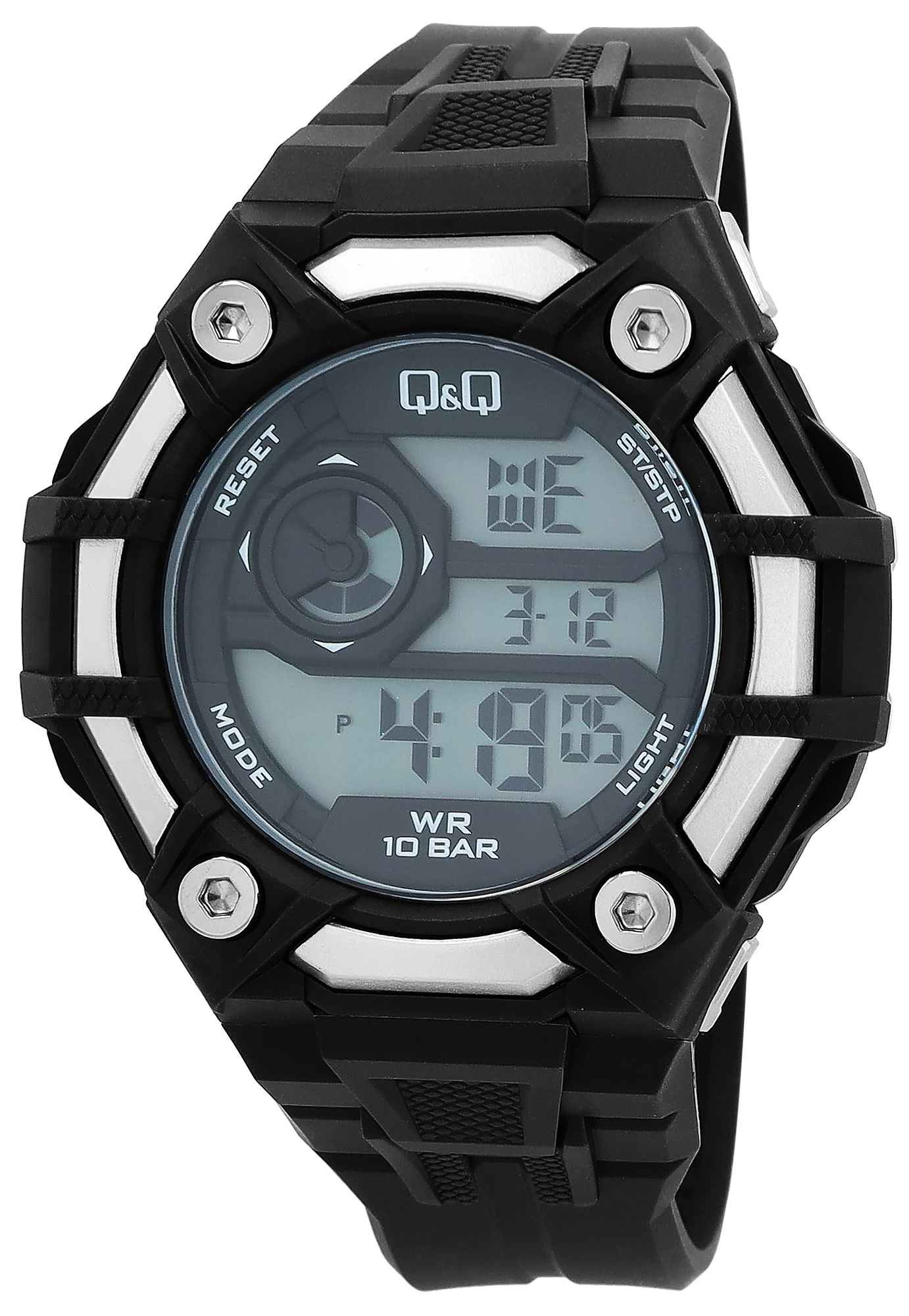 Q&Q Herren Digitaluhr, Silikonarmband, multifunktion, schwarz/silberfarben