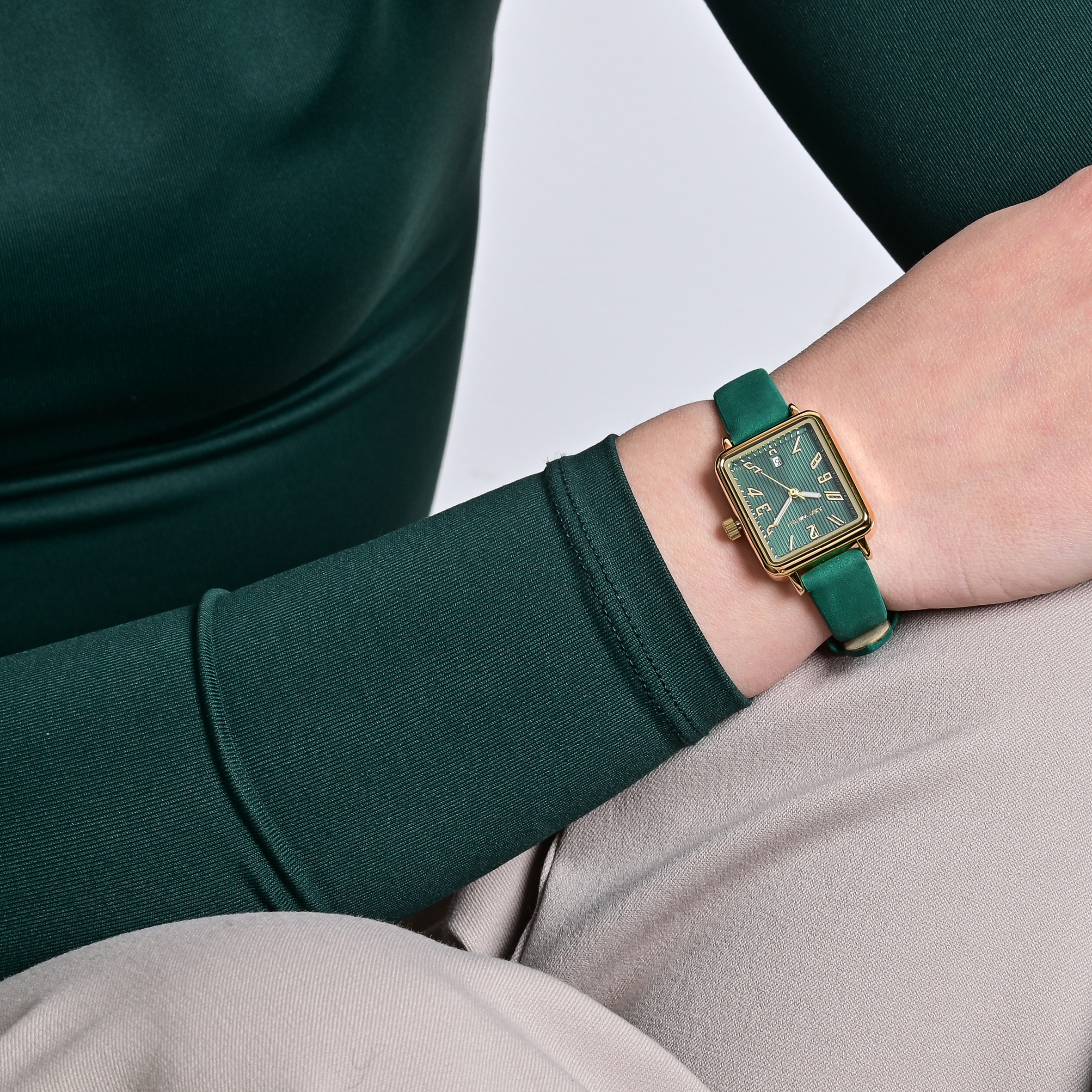JUST WATCH Damenuhr "Aveline" mit Echtlederband, eckiges Design, grün/ goldfarben