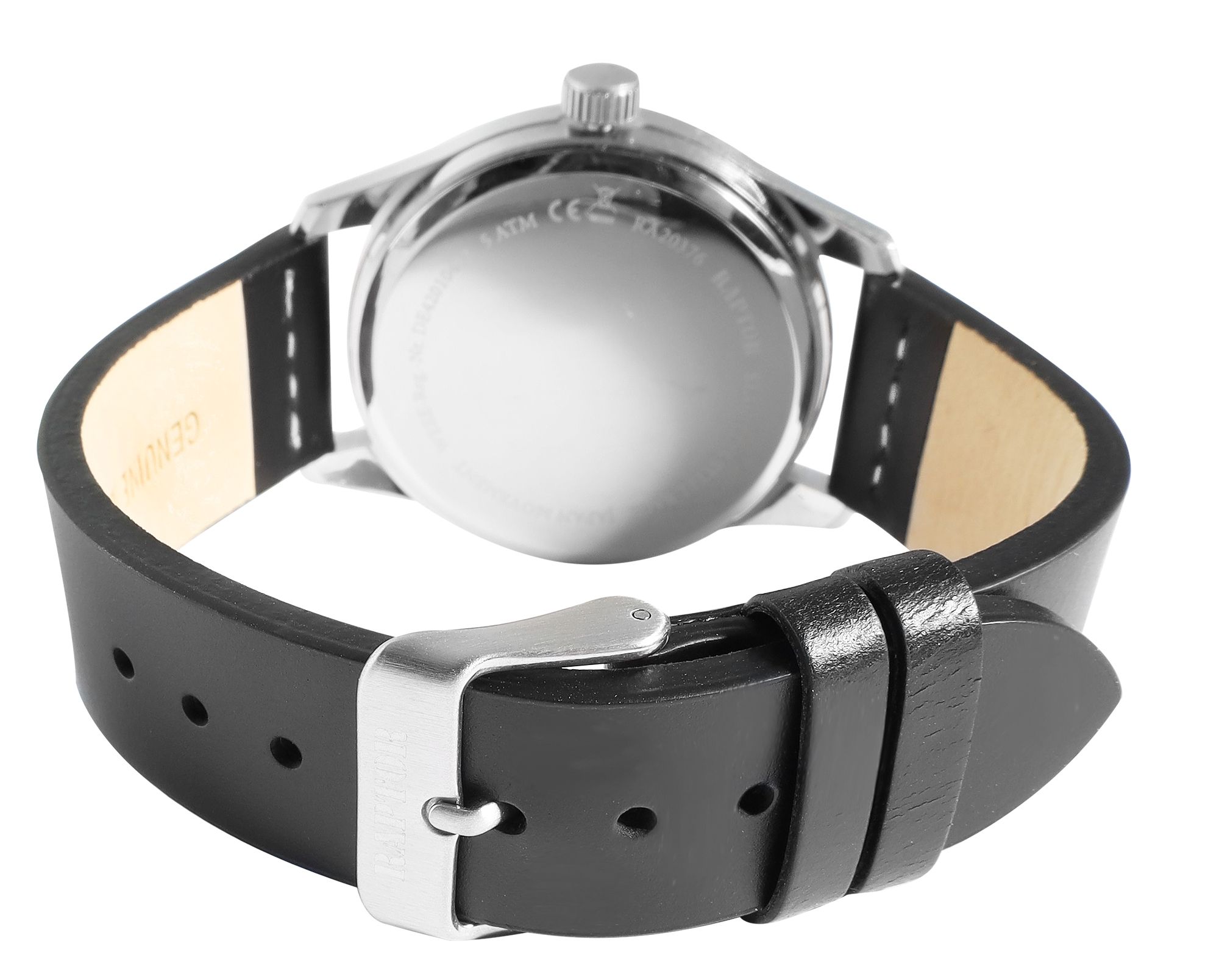 Raptor Herrenuhr "Falkor" mit Lederarmband, Datumsanzeige, 5 ATM, schwarz/ZB silberfarben