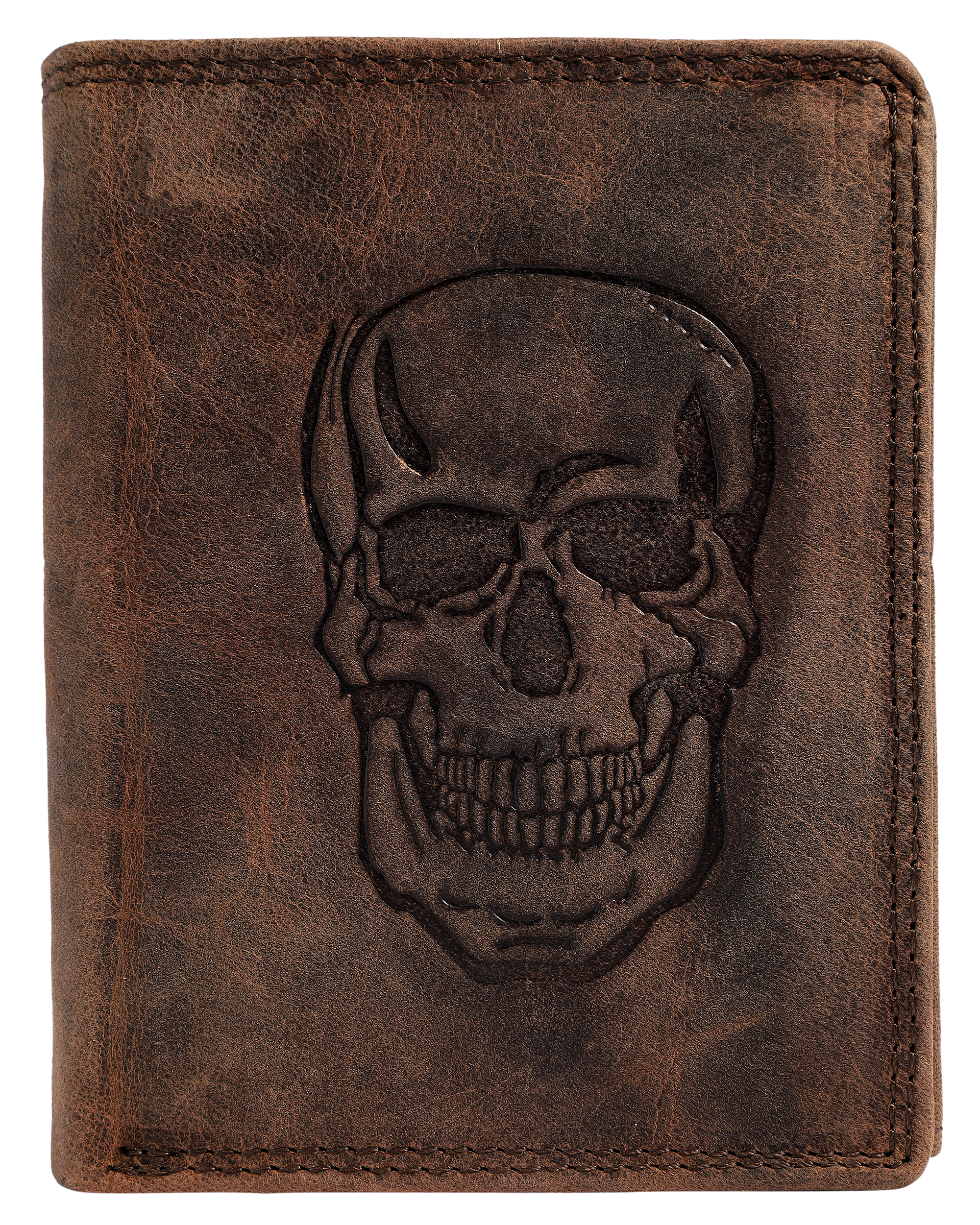 Akzent Echt Leder (Hunter-Leder) Geldbörse, RFID, Hochformat, "Totenkopf", braun