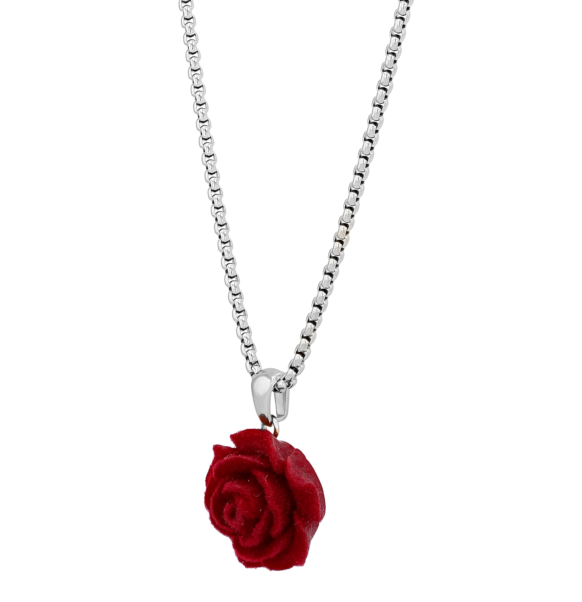 "Rosanna" Edelstahl Kette mit Anhänger - roter Rose, 50 cm, silberfarben