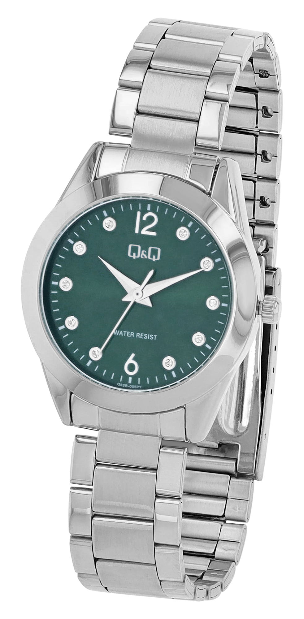 Q&Q Damenuhr mit Edelstahlband, Ø 34 mm, silberfarbe/ grün
