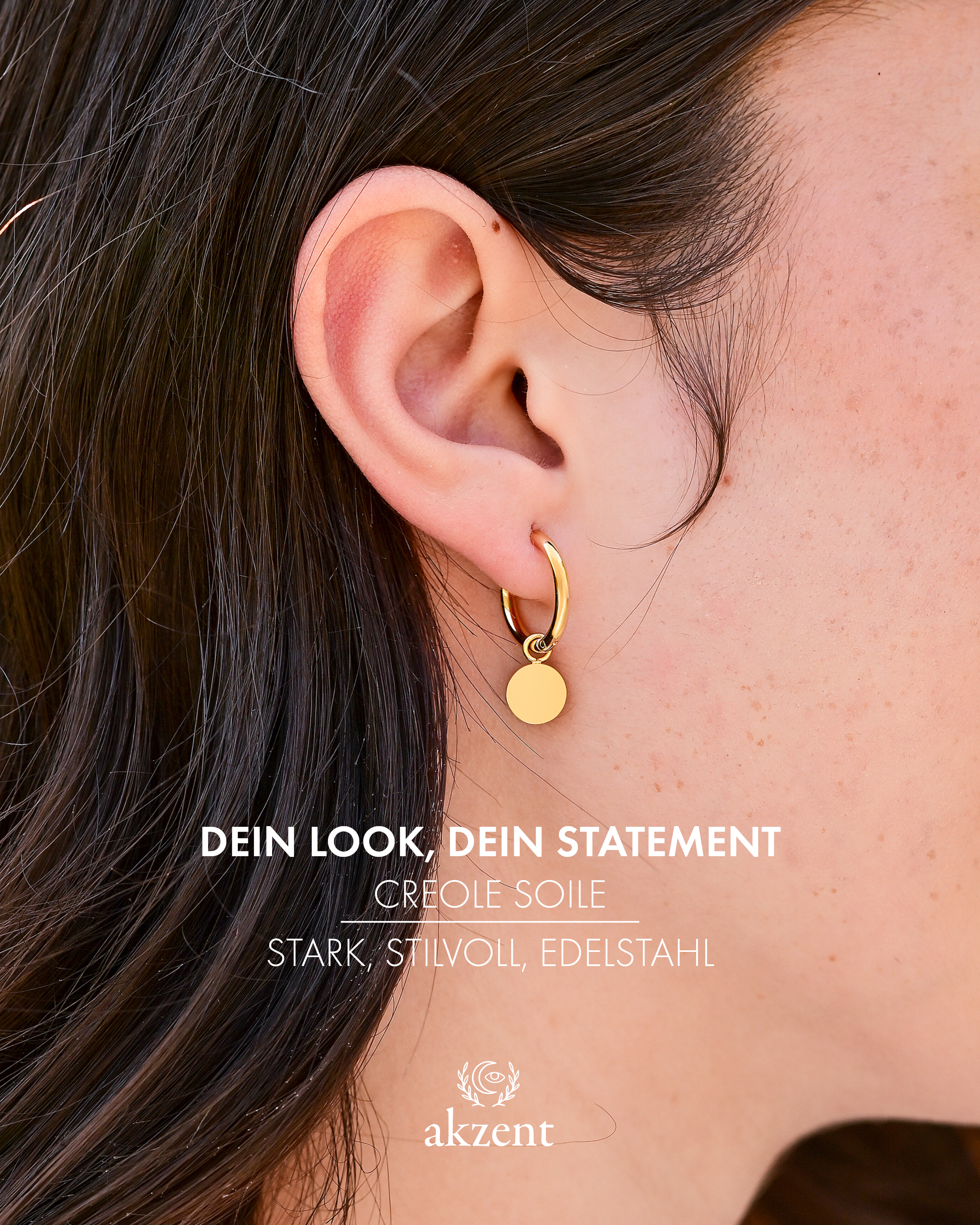 "Soile" Edelstahl Creole Ø 12 mm - runder Anhänger (abnhembar), goldfarben