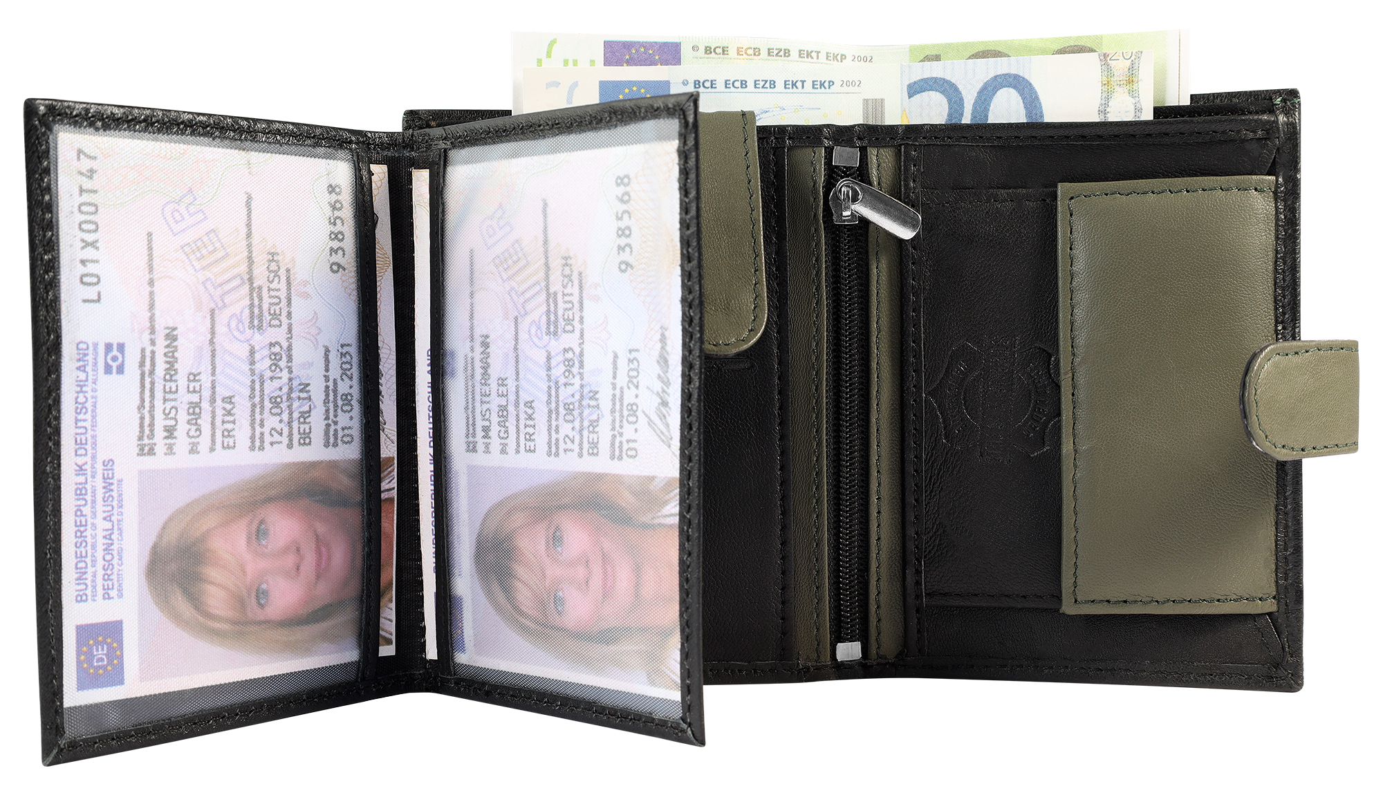 SteinMeister Herren Geldbörse aus Echtleder, Hochformat, schwarz/ olivgrün