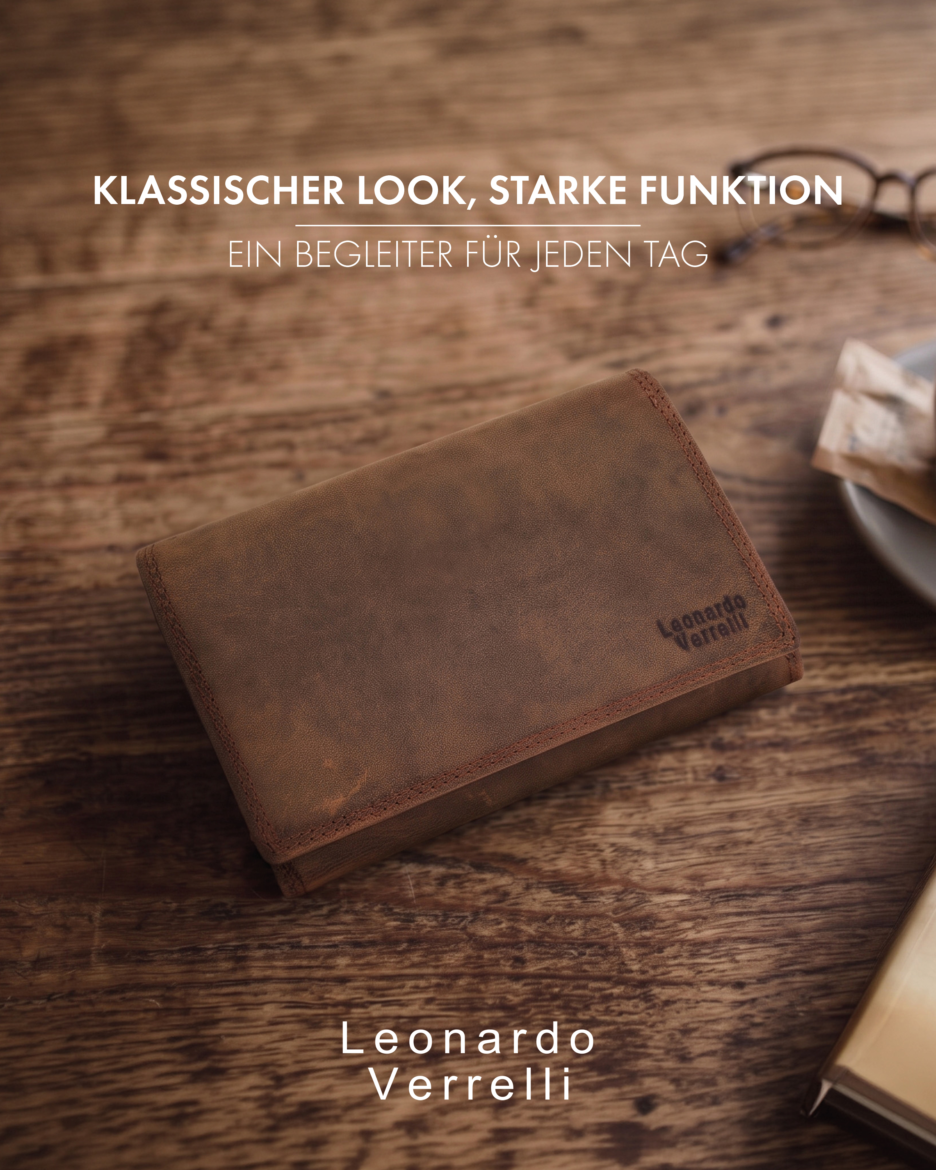 Leonardo Verrelli Echtleder (Hunter) Damen Geldbörse, Querformat, RFID, braun