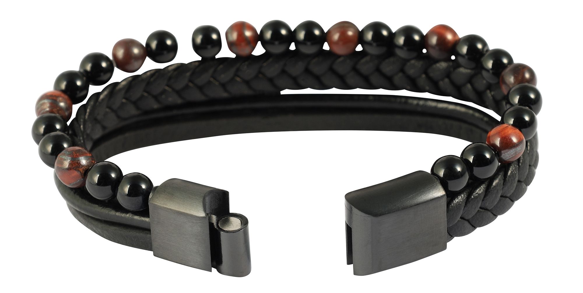 "Namik" 23 cm, Armband aus Lederimitat mit Naturstein (Onyx/ roter Tigerauge), VE-4