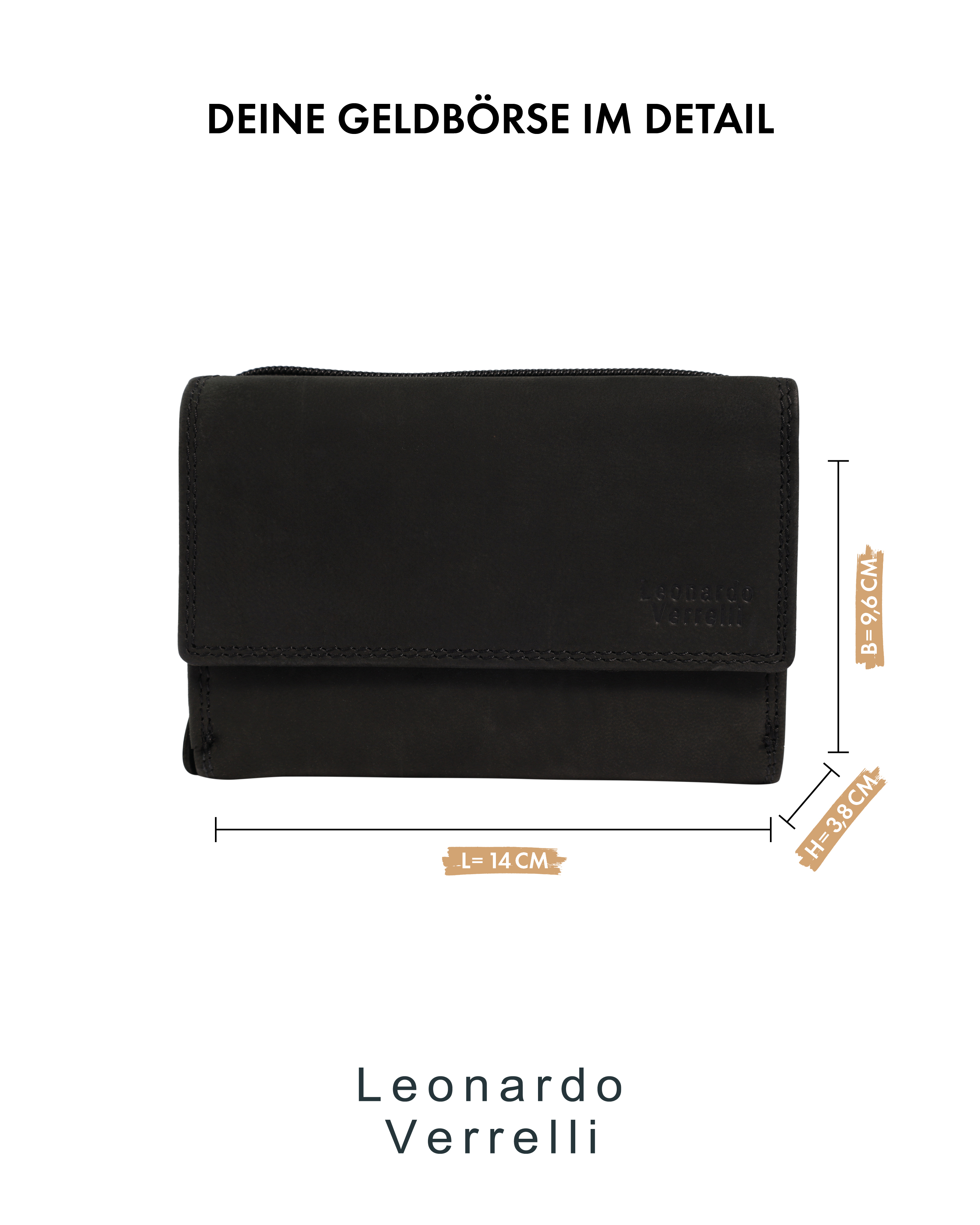 Leonardo Verrelli Echtleder (Hunter) Damen Geldbörse, Querformat, RFID, schwarz