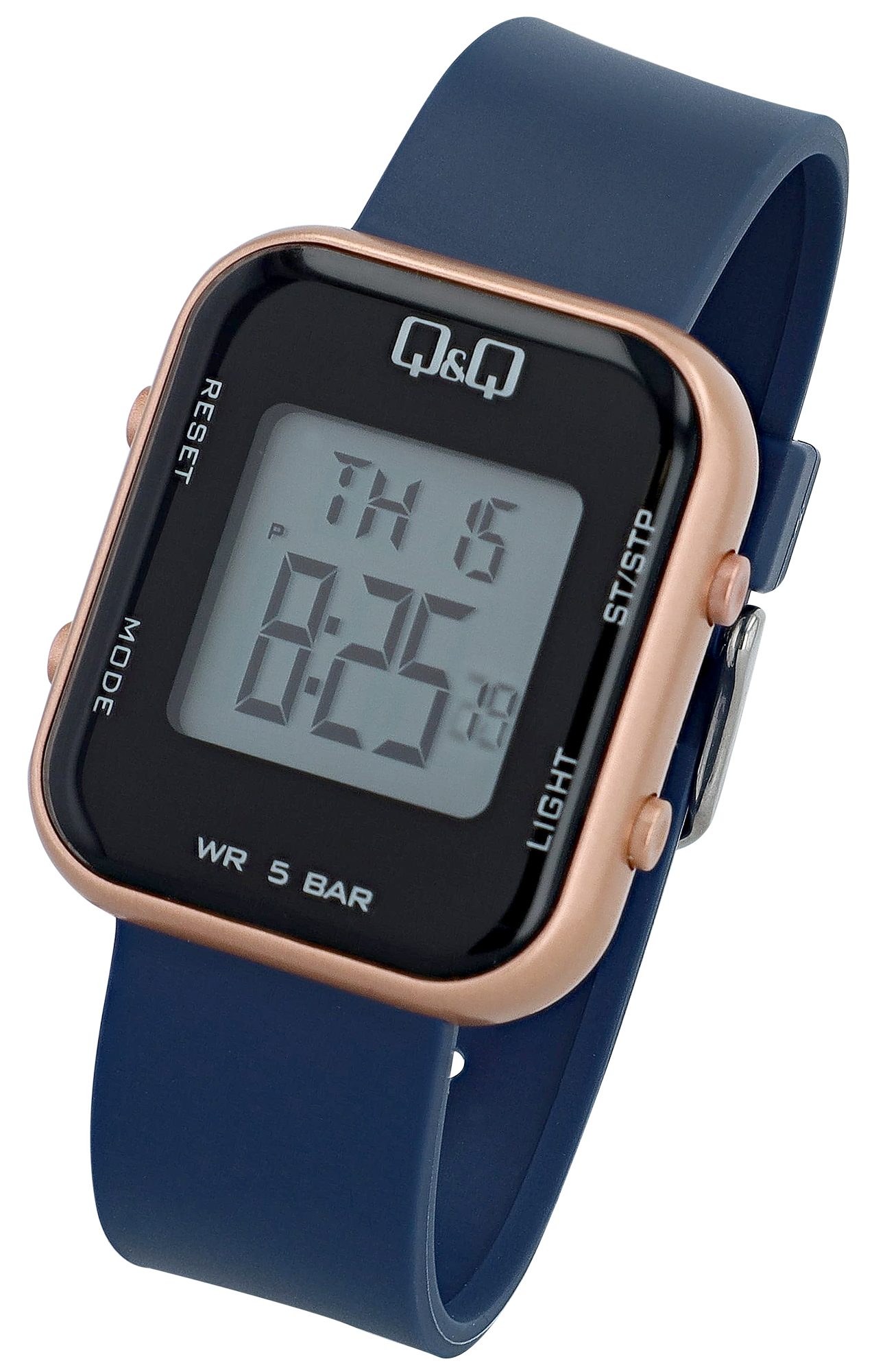 Q&Q Unisex Digitaluhr, Kunststoff, Resinband, blau/roségoldfarben, 5 ATM, 40 x 34 mm