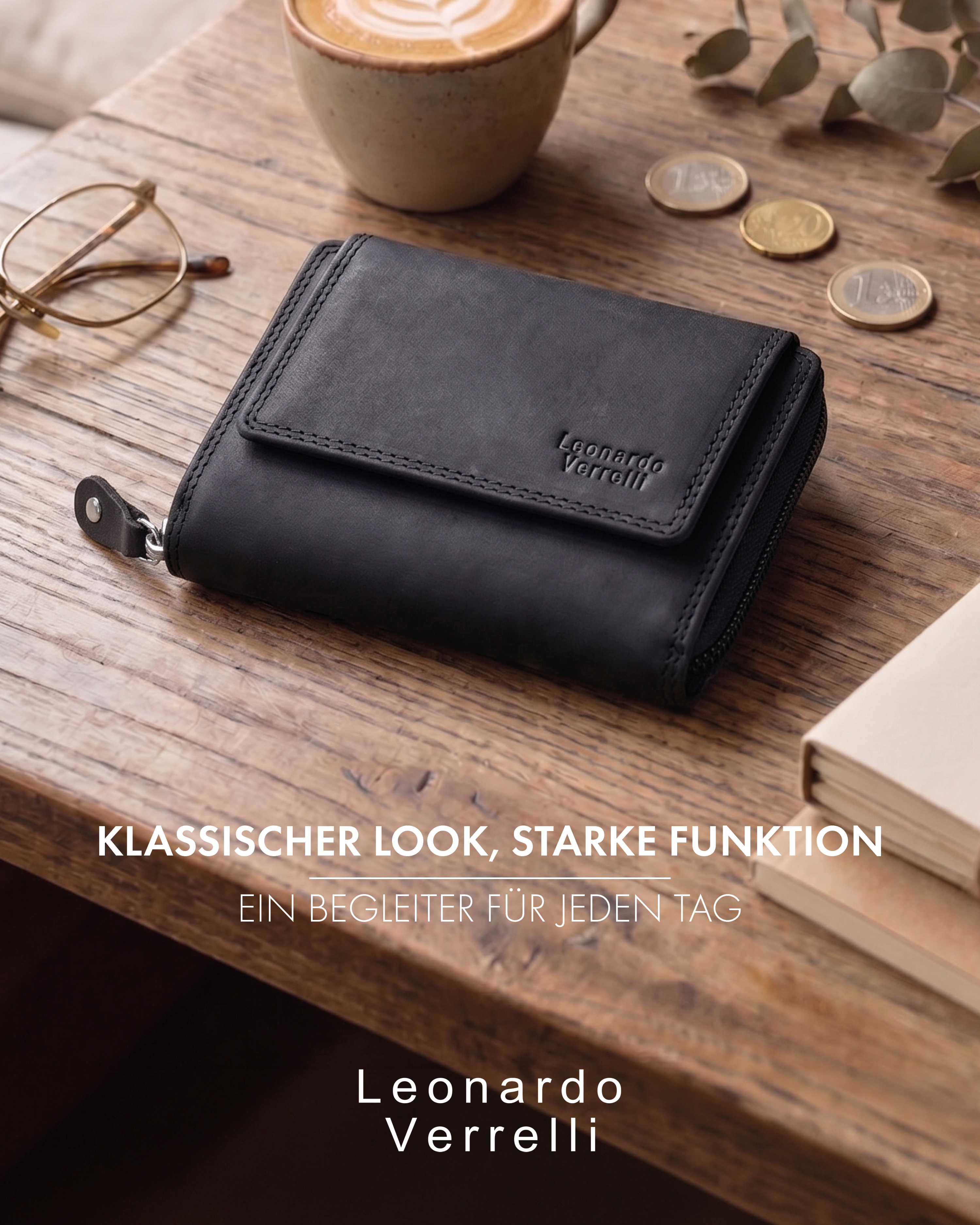 Leonardo Verrelli Echtleder (Hunter) Damen Geldbörse, Querformat, RFID, schwarz