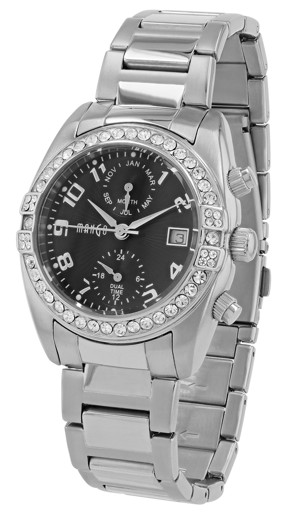 Mango "Dual Time" Edelstahl Damenuhren Ø 36 mm, silberfarben/ schwarz