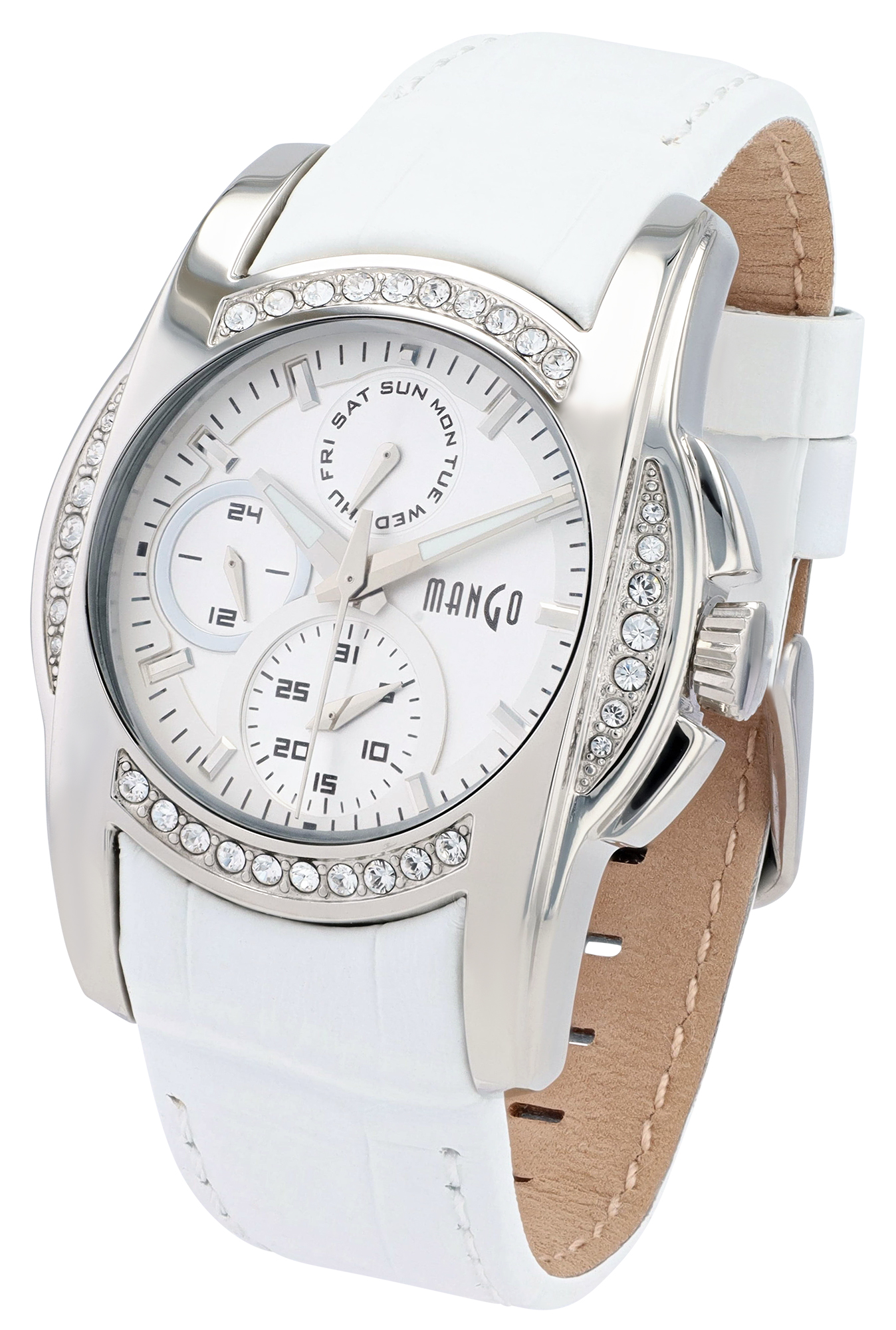 Mango Multifunktion Damenuhr Ø 36 mm, Echtlederband, weiß/ silberfarben