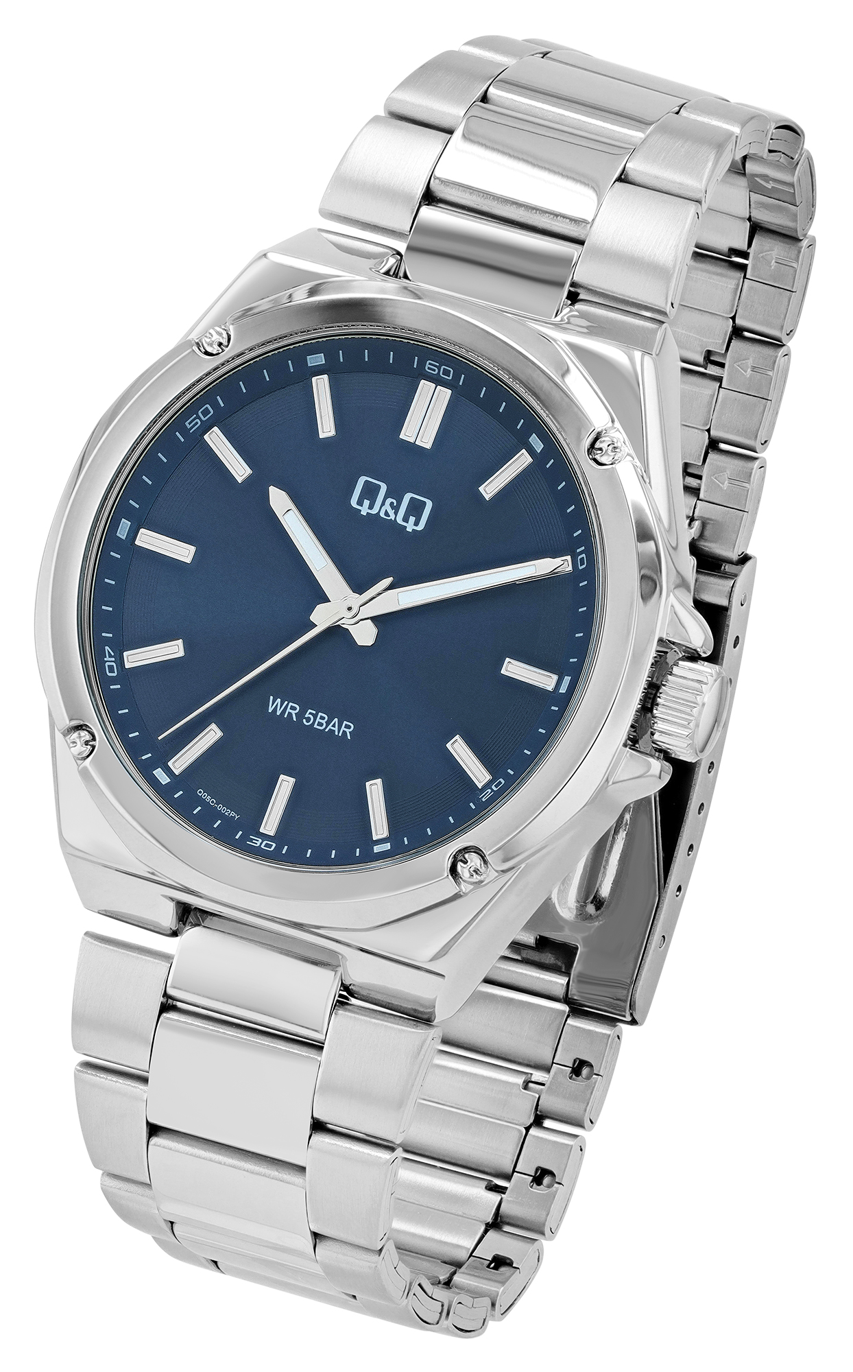 Q&Q Herrenuhr mit Edelstahlband, Ø 42 mm, silberfarben/ blau