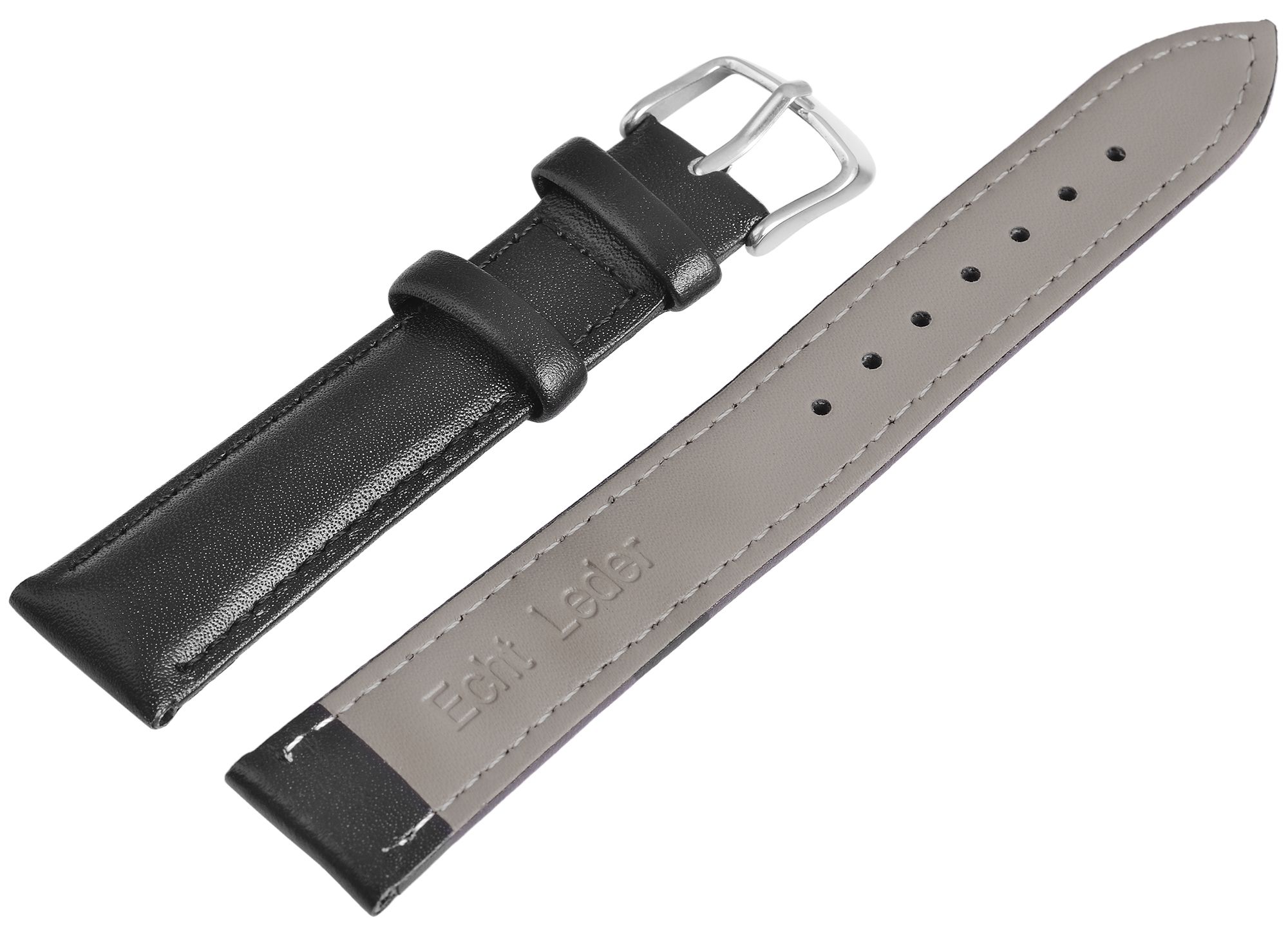 Echtleder-Uhrenarmband, schwarz/ silberfarben, 12 mm