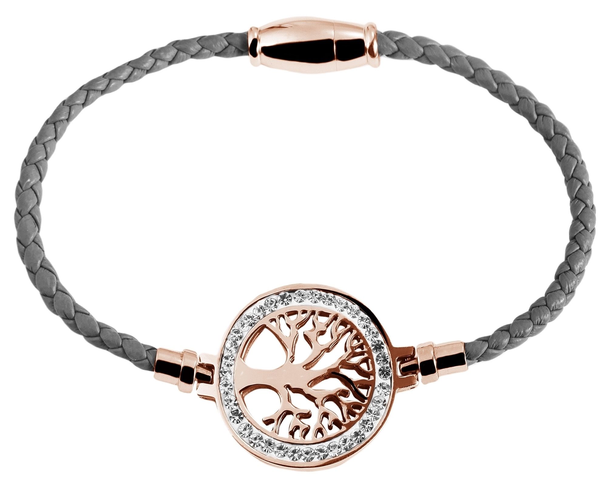 Akzent Armband aus Lederimitat, geflochten mit Edelstahlelement Lebensbaum, grau/roségoldfarben