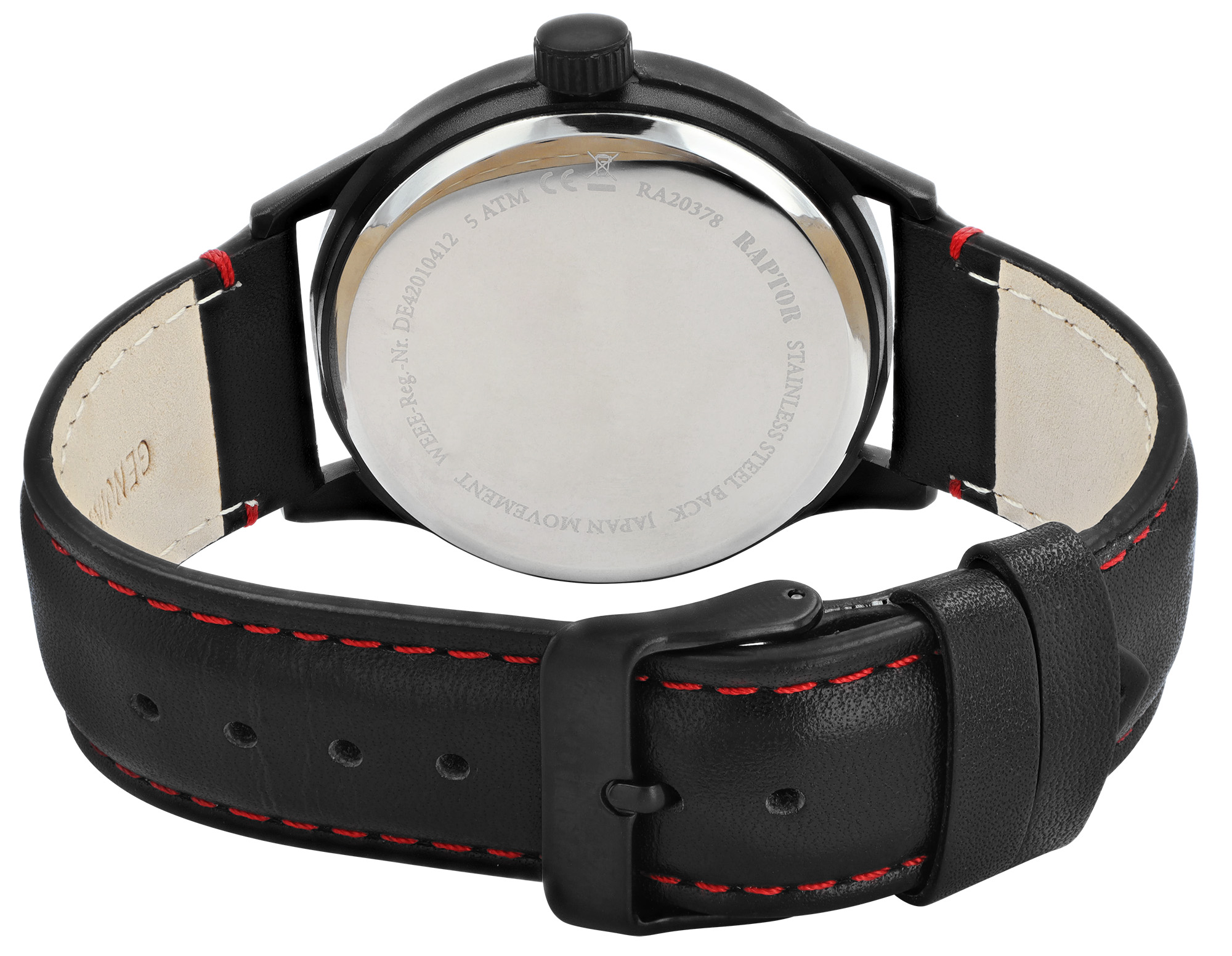 Raptor Herrenuhr "Yava" mit Lederarmband, Datumsanzeige, 5 ATM, schwarz