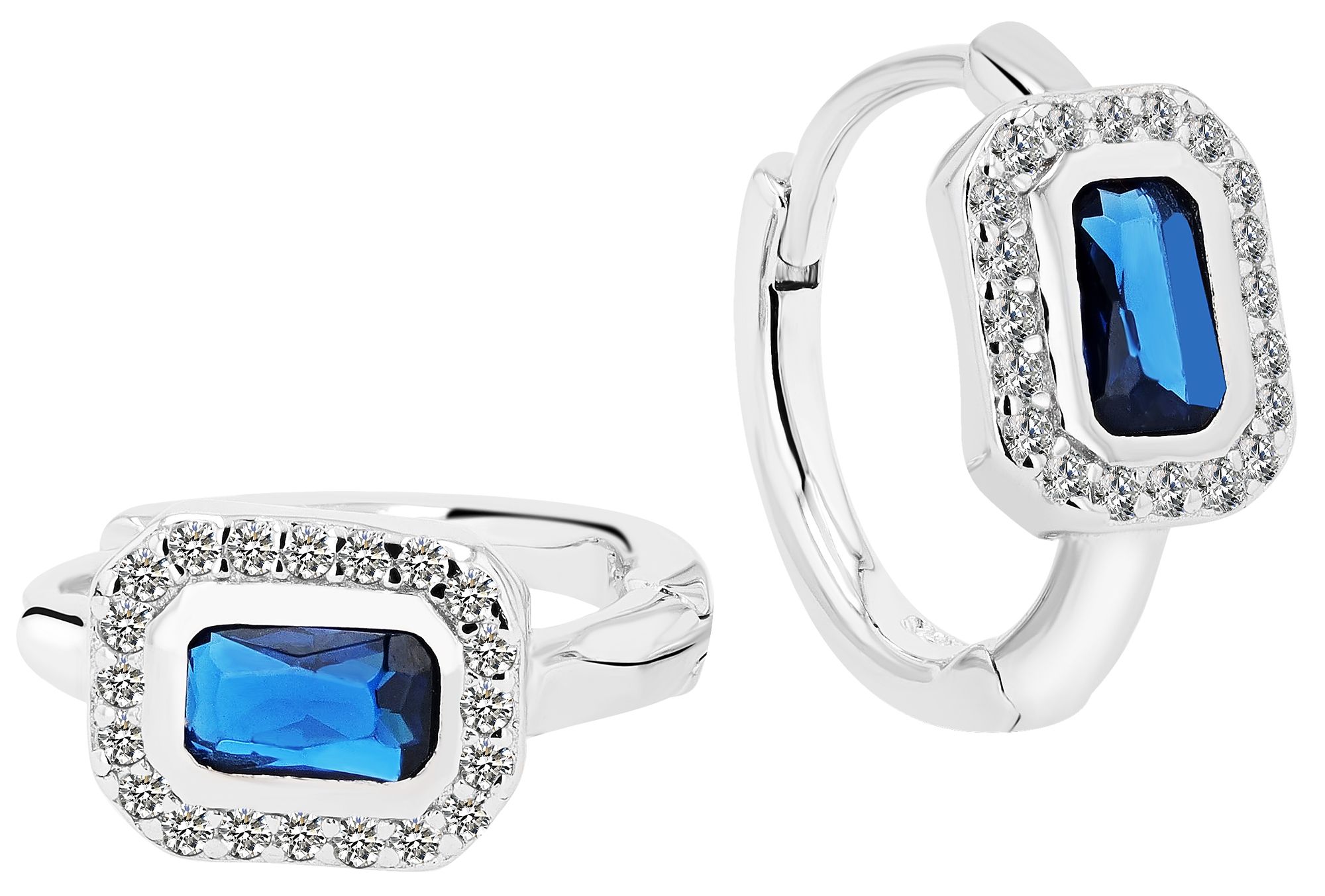 925/- Echt Silber Klapp-Creolen "Liora" blauen und weißen Zirkonia, rhodiniert