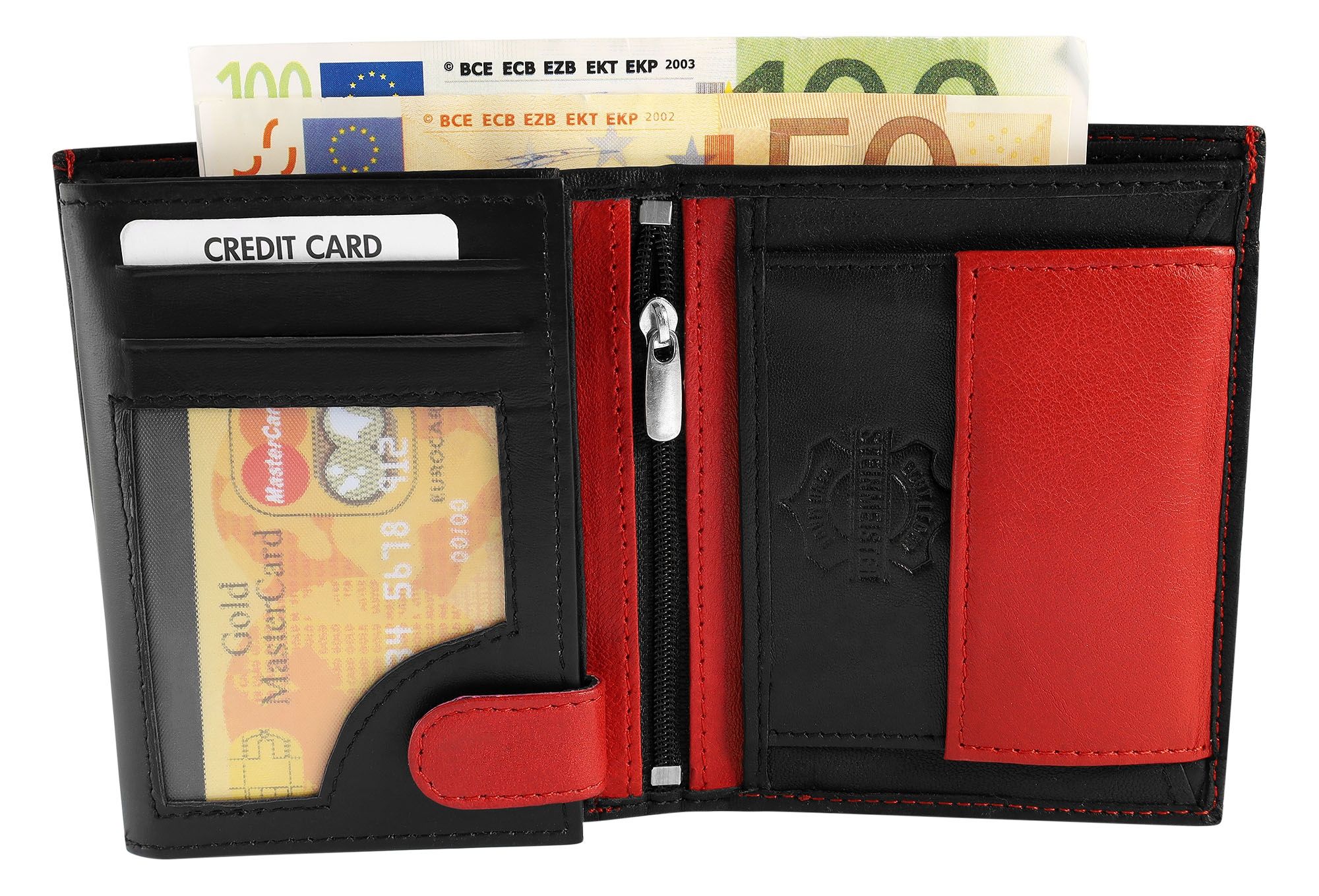 Steinmeister Herrengeldbörse aus Echtleder, Hochformat, schwarz/rot