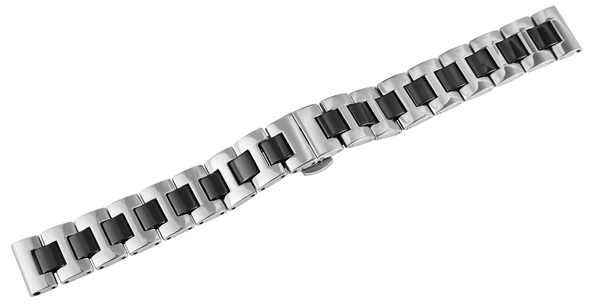 Edelstahl-Uhrenarmband, silberfarben/schwarz, Butterfly-Faltschließe, 14 mm