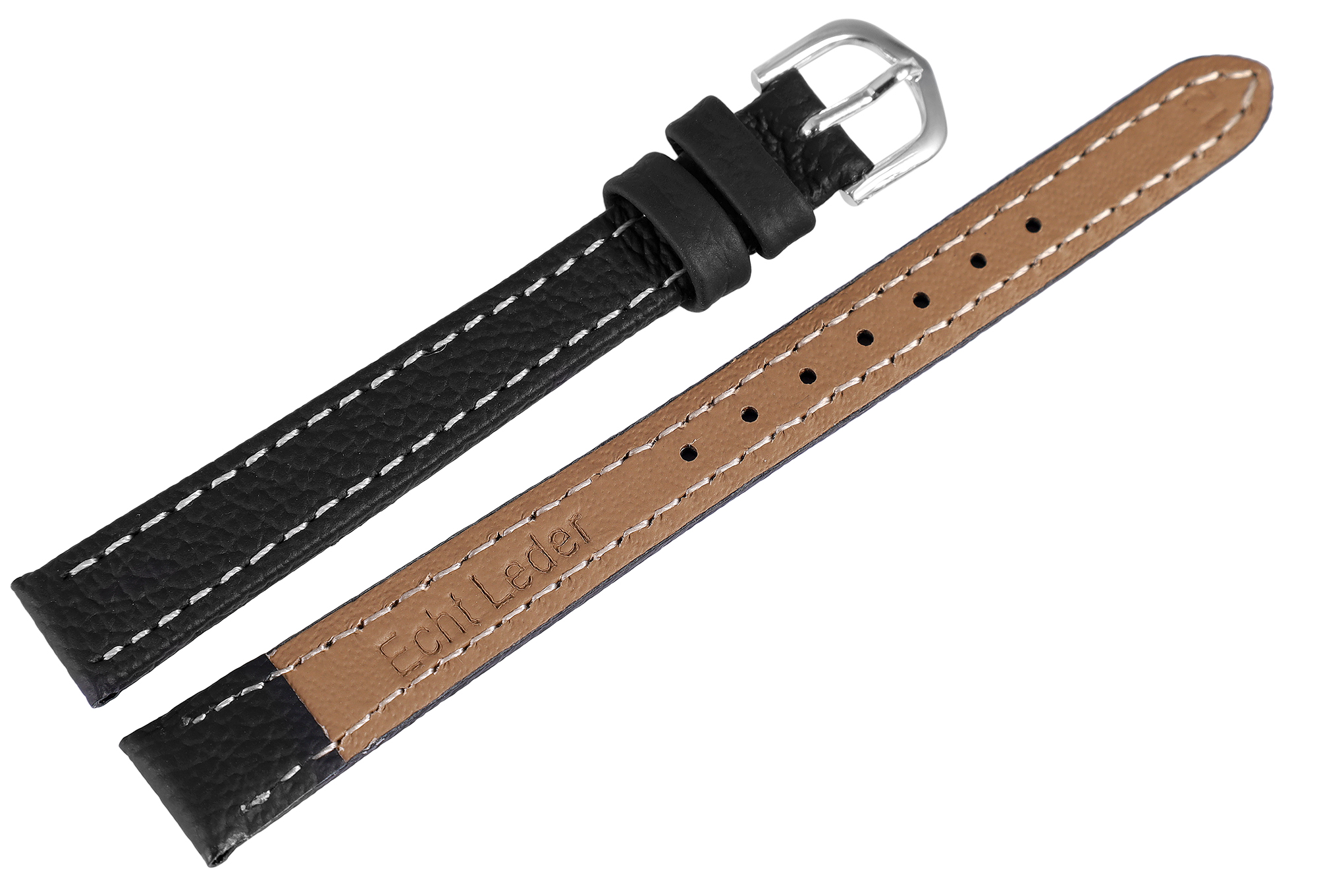 Echtleder Uhrenarmband, Edelstahl Dornschließe, schwarz mit weißer Naht, 12 mm