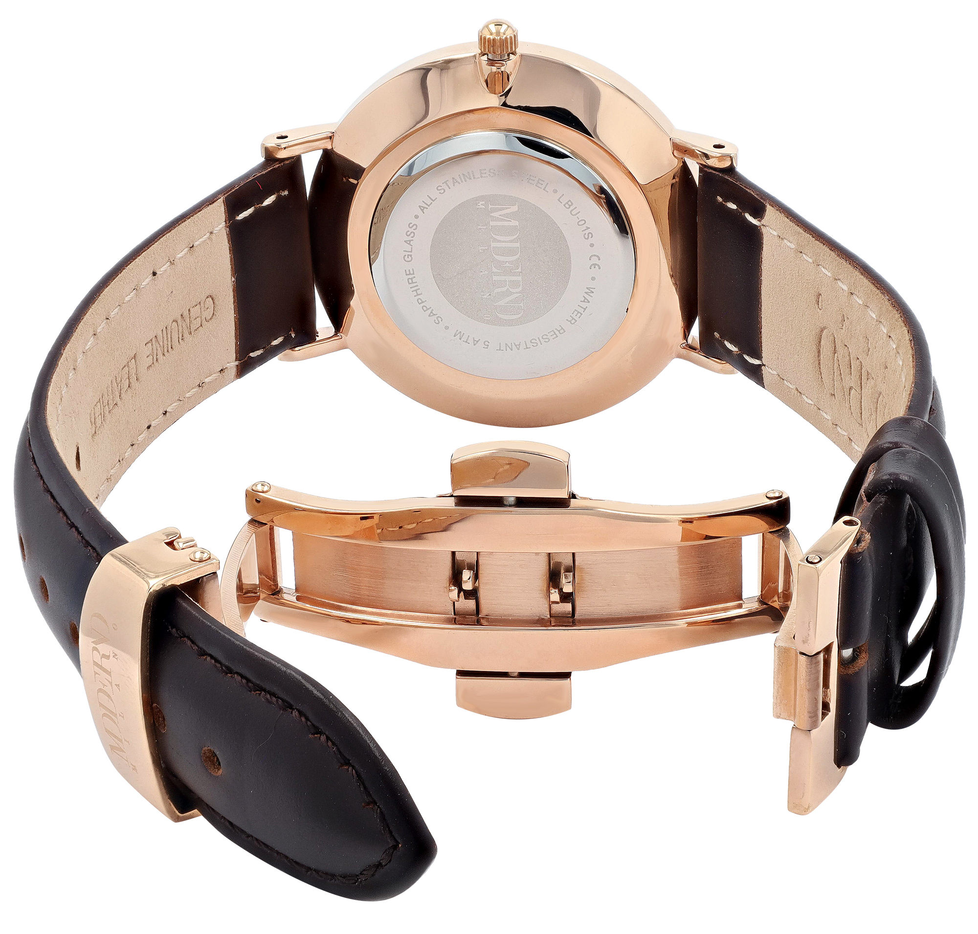 Moderno Milano Edelstahl Damenuhr Ø 36,5 mm, Echtlederband, Saphirglas, dunkelbraun/ rosegoldfarben