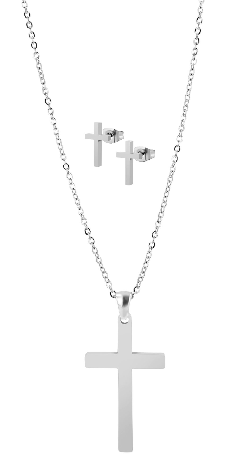 "Monali" Edelstahl Schmuckset - Kette & Ohrstecker - Kreuz, silberfarben