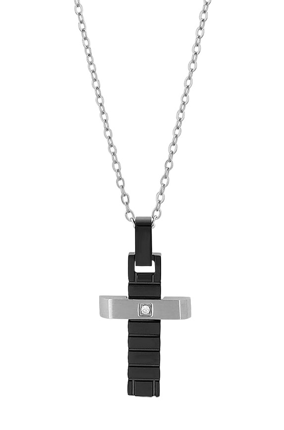 "Oli" Kette mit Anhänger, Kreuz, 45 + 5 cm, bicolor (silberfarben/ schwarz)