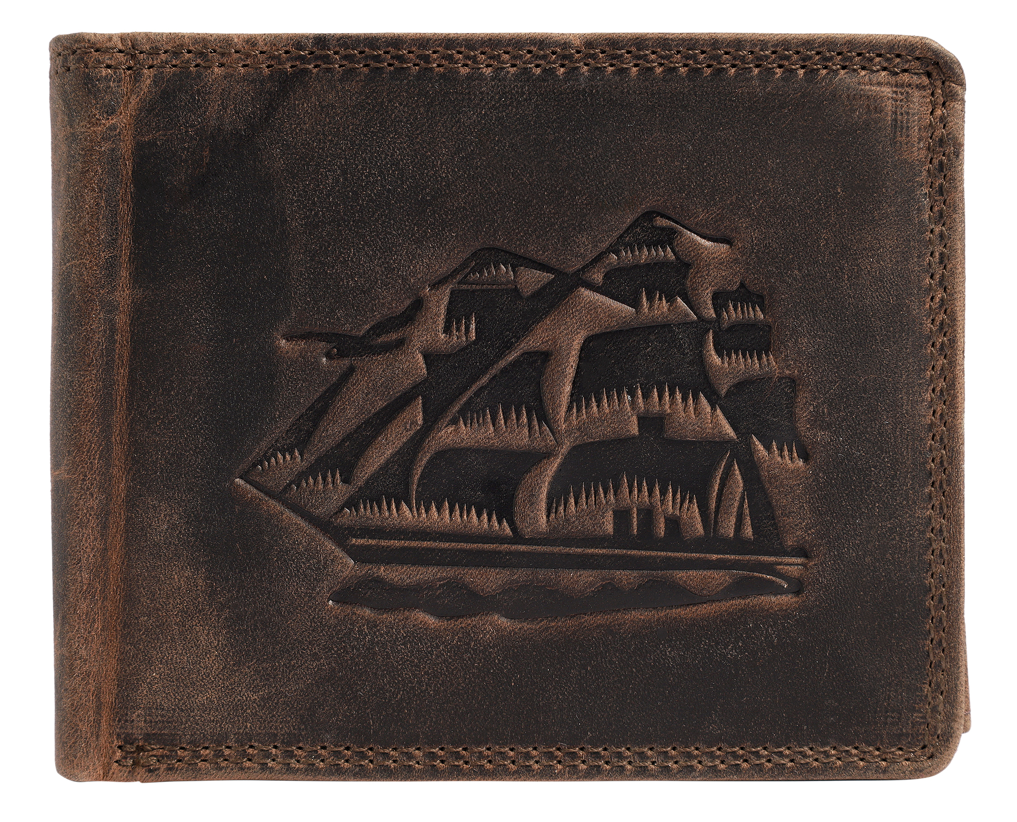 Akzent Echt Leder (Hunter-Leder) Geldbörse, RFID, Querformat, "Segelschiff", braun