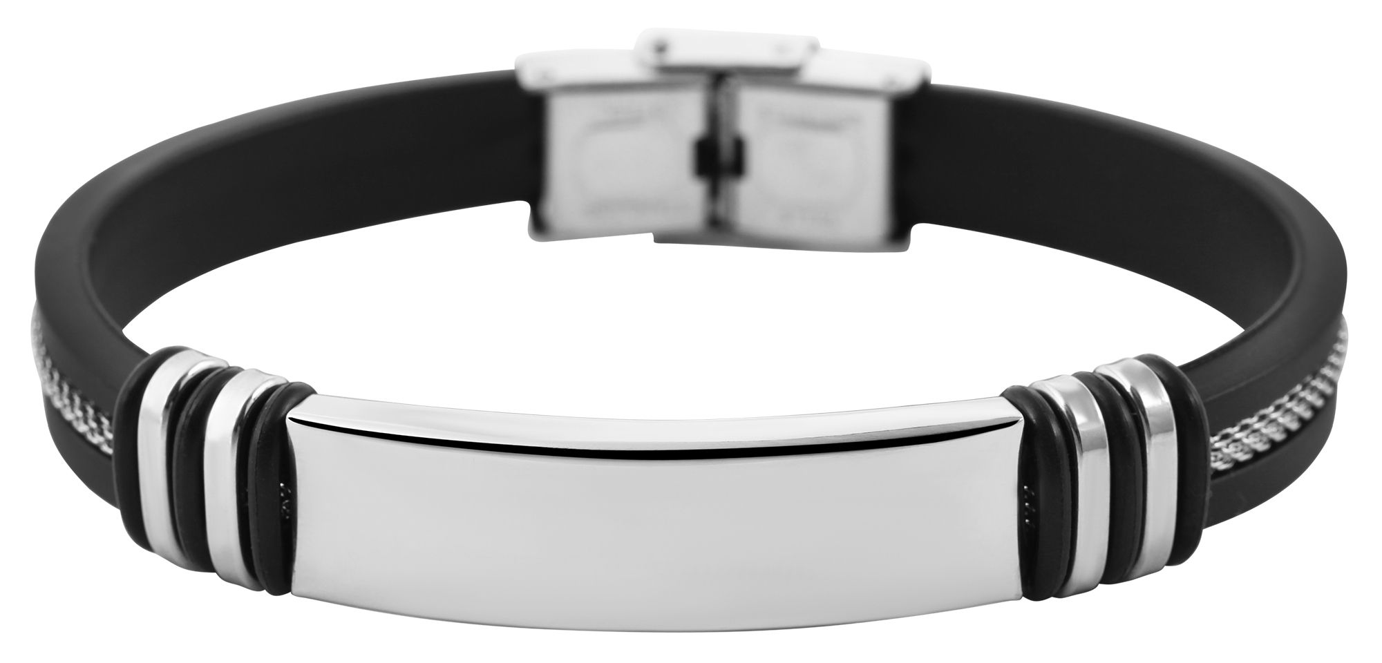 Akzent Armband aus Silikon und Edelstahl in Schwarz, Schlangenketteneinsatz