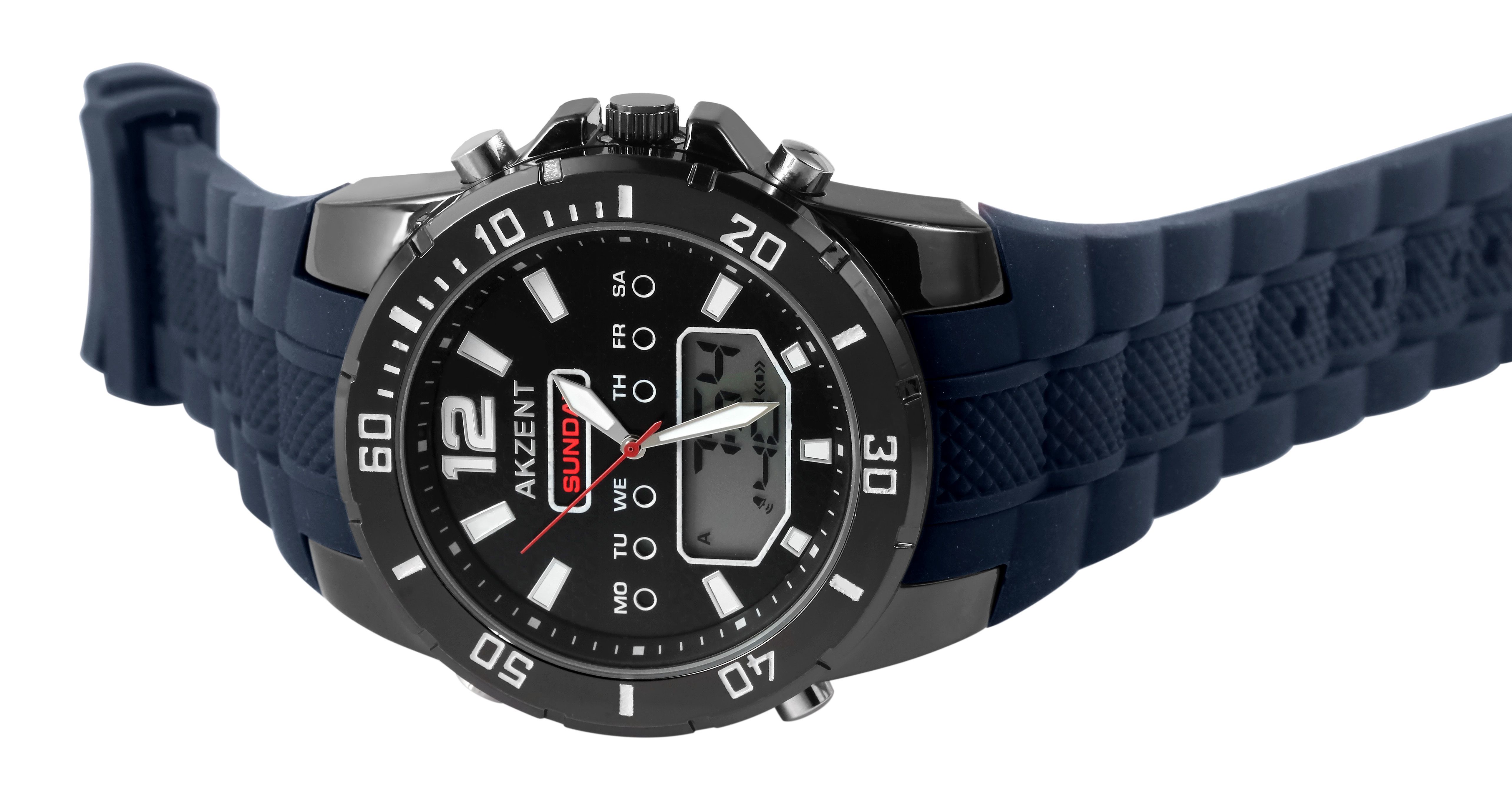 Akzent Analog-Digital Herrenuhr mit Silikonarmband, blau