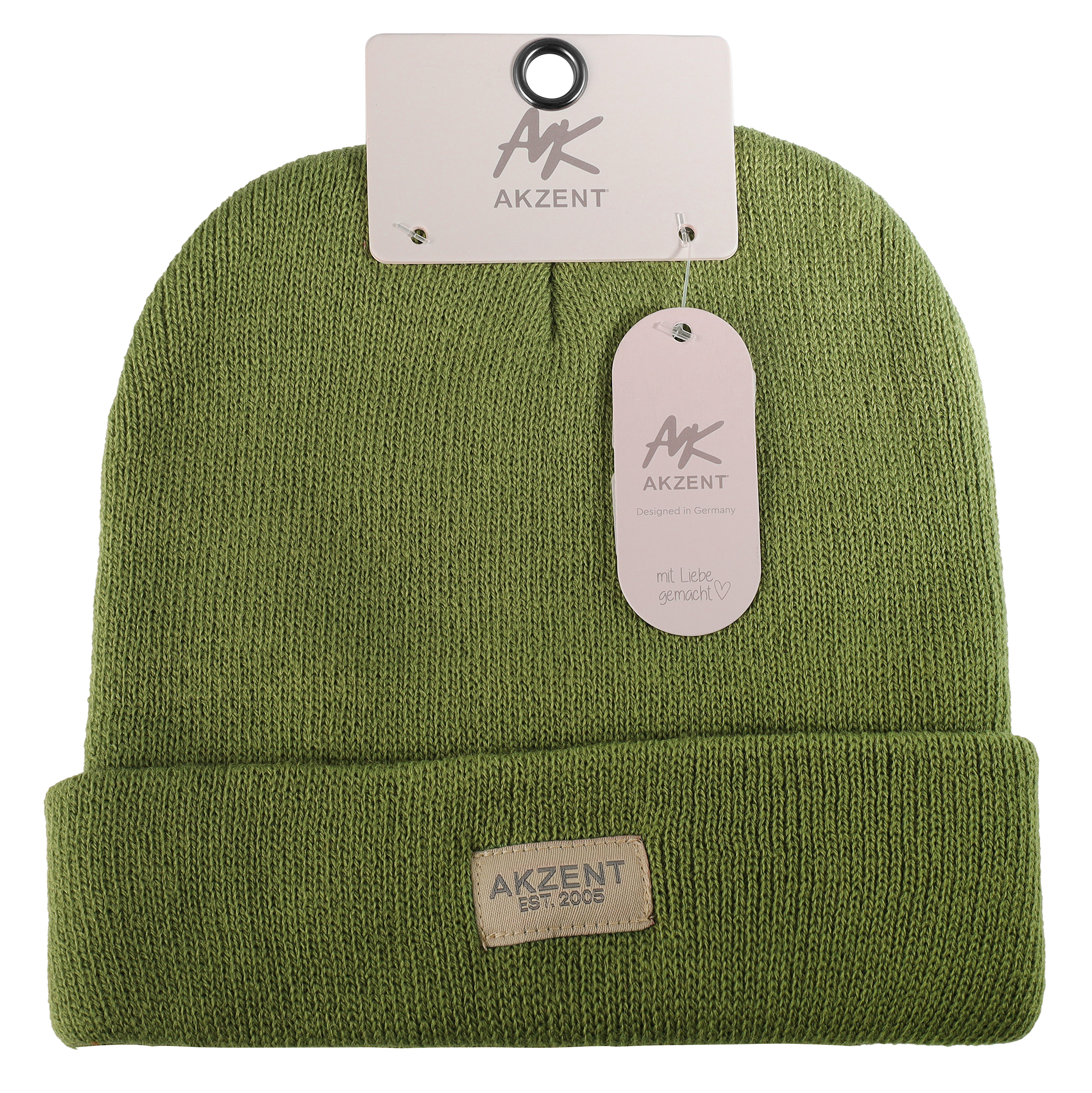 Akzent Strickmütze/ Beanie mit Umschlag, 100% Acryl, 4-VE, grün
