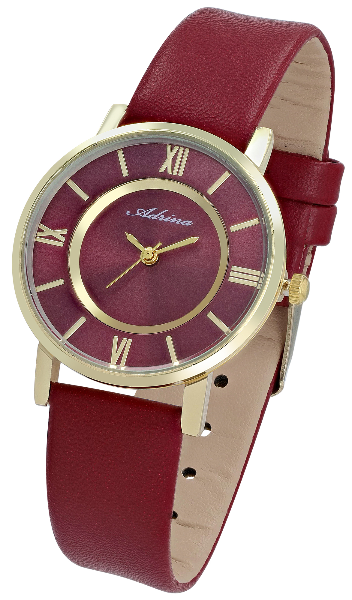 Adrina Damenuhr mit Lederimitationsband, Ø 32 mm, dunkelrot/ goldfarben