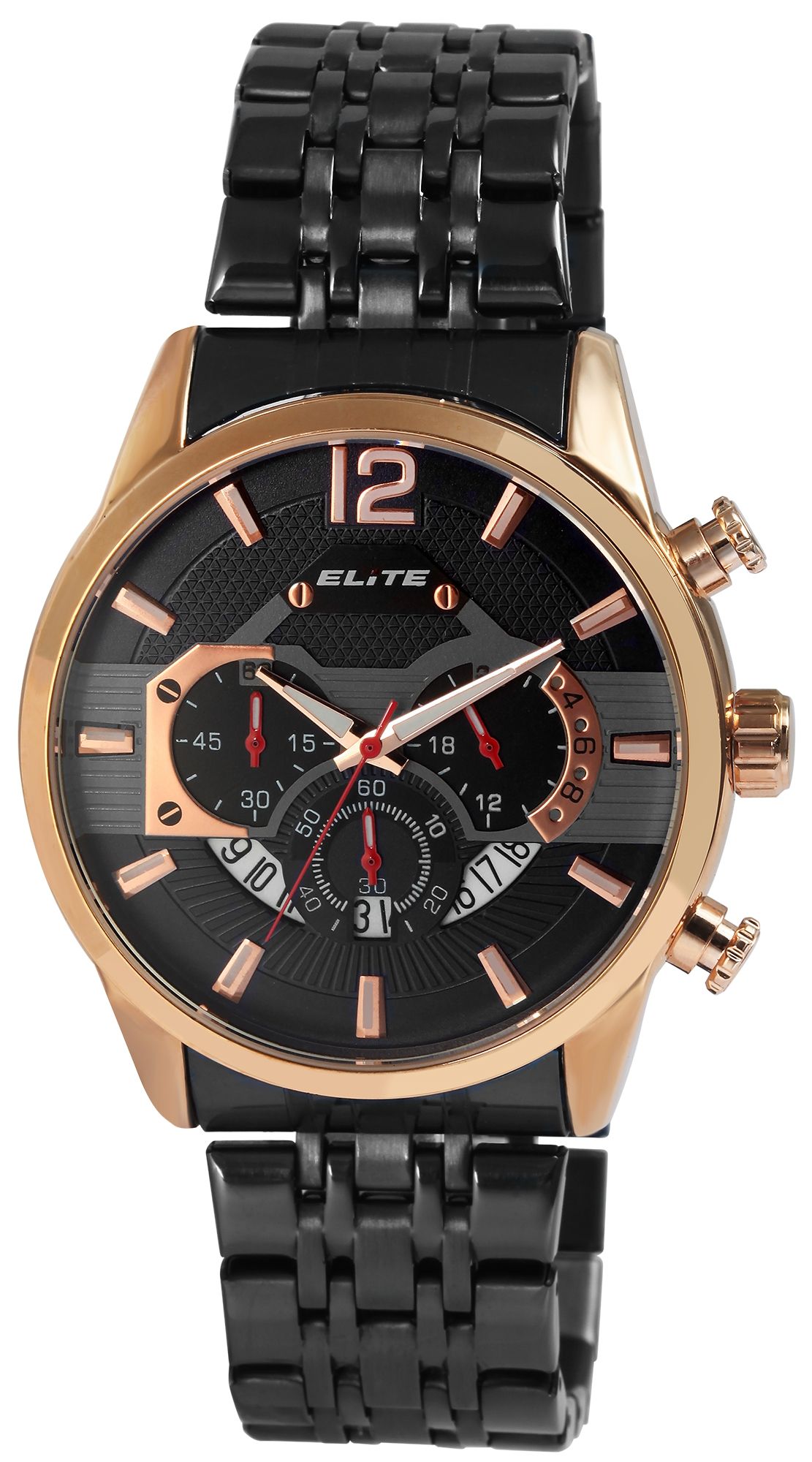 ELITE Herrenchronograph mit Edelstahlarmband, schwarz/roségoldfarben