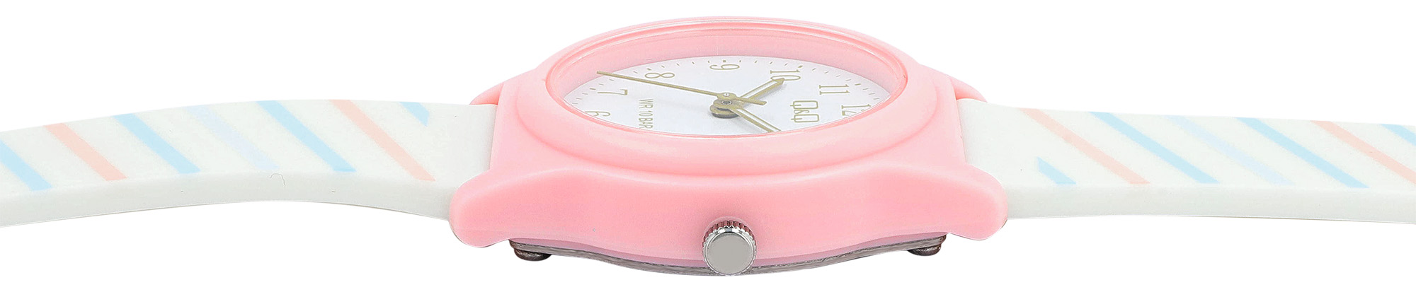 Q&Q Kinderuhr Ø 31 mm, Resinband, weiß/ rosa - Streifenmuster