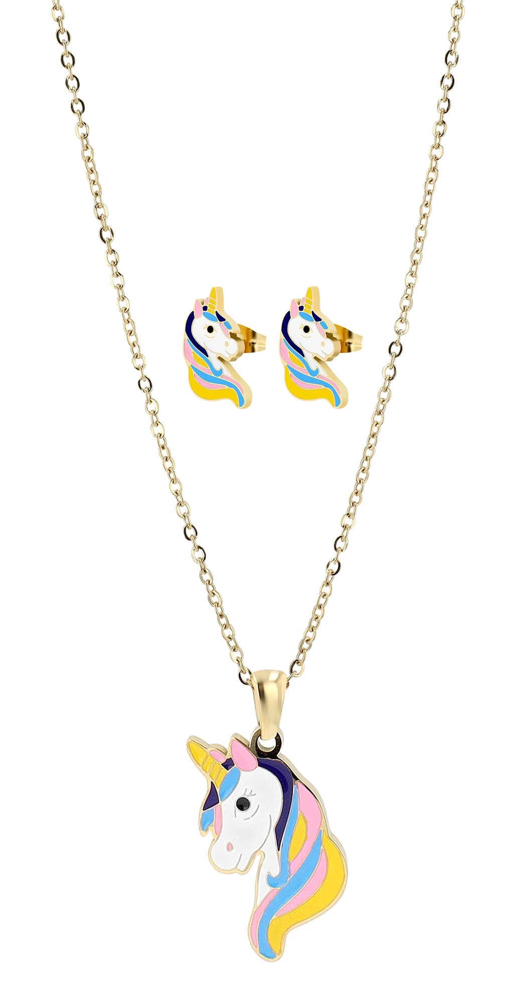 Akzent Einhorn-Schmuckset "Amara", Edelstahl, Kette & Ohrstecker, goldfarben